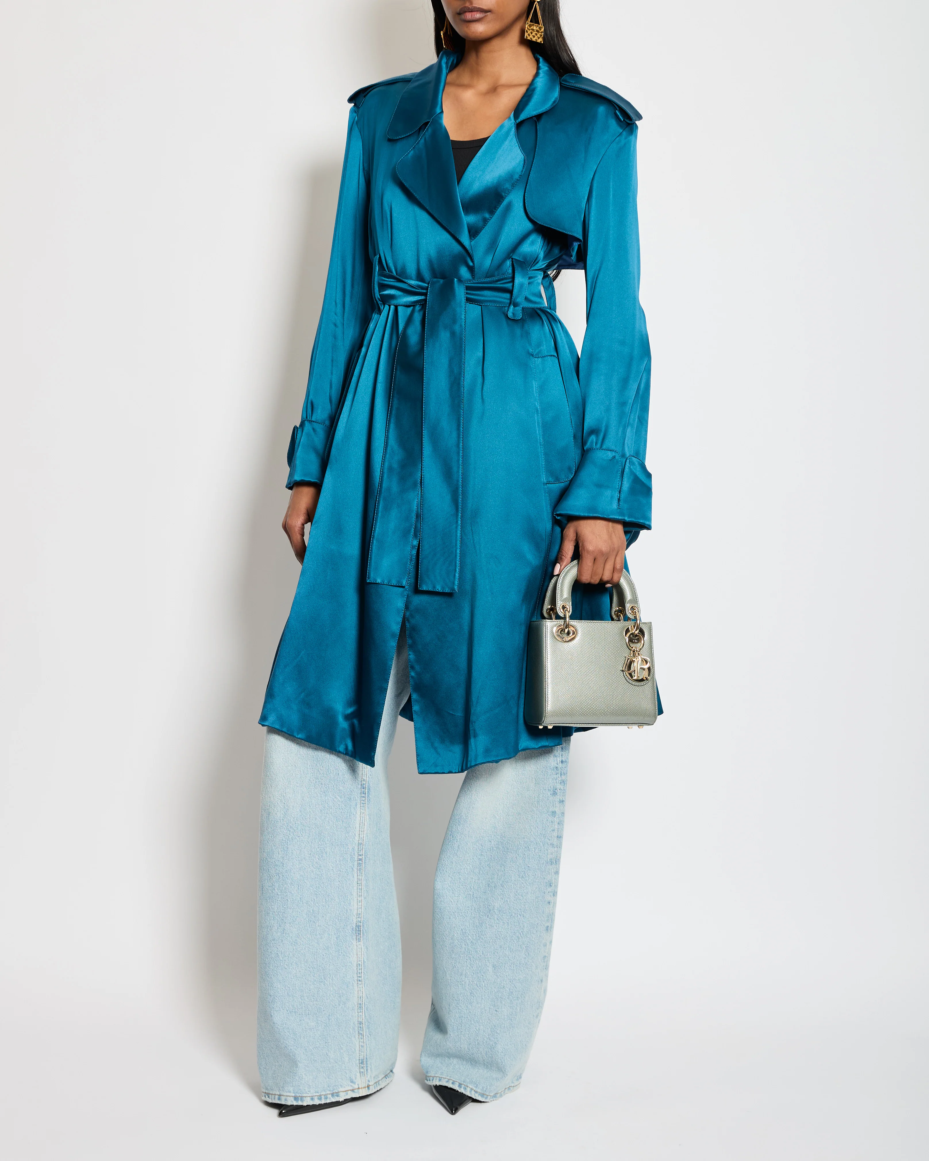 Celine Blue Silk Overcoat with Belt FR 38 (UK 10)