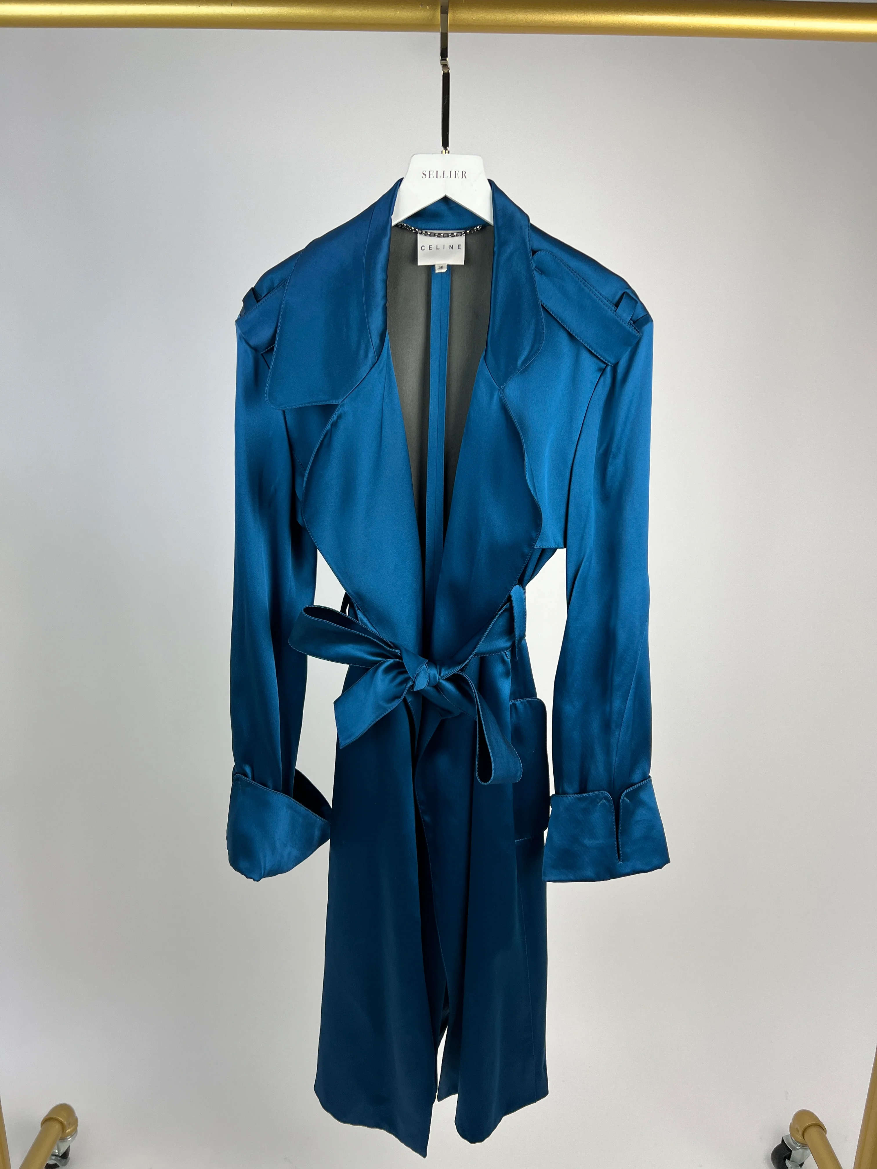 Celine Blue Silk Overcoat with Belt FR 38 (UK 10) - Image 11