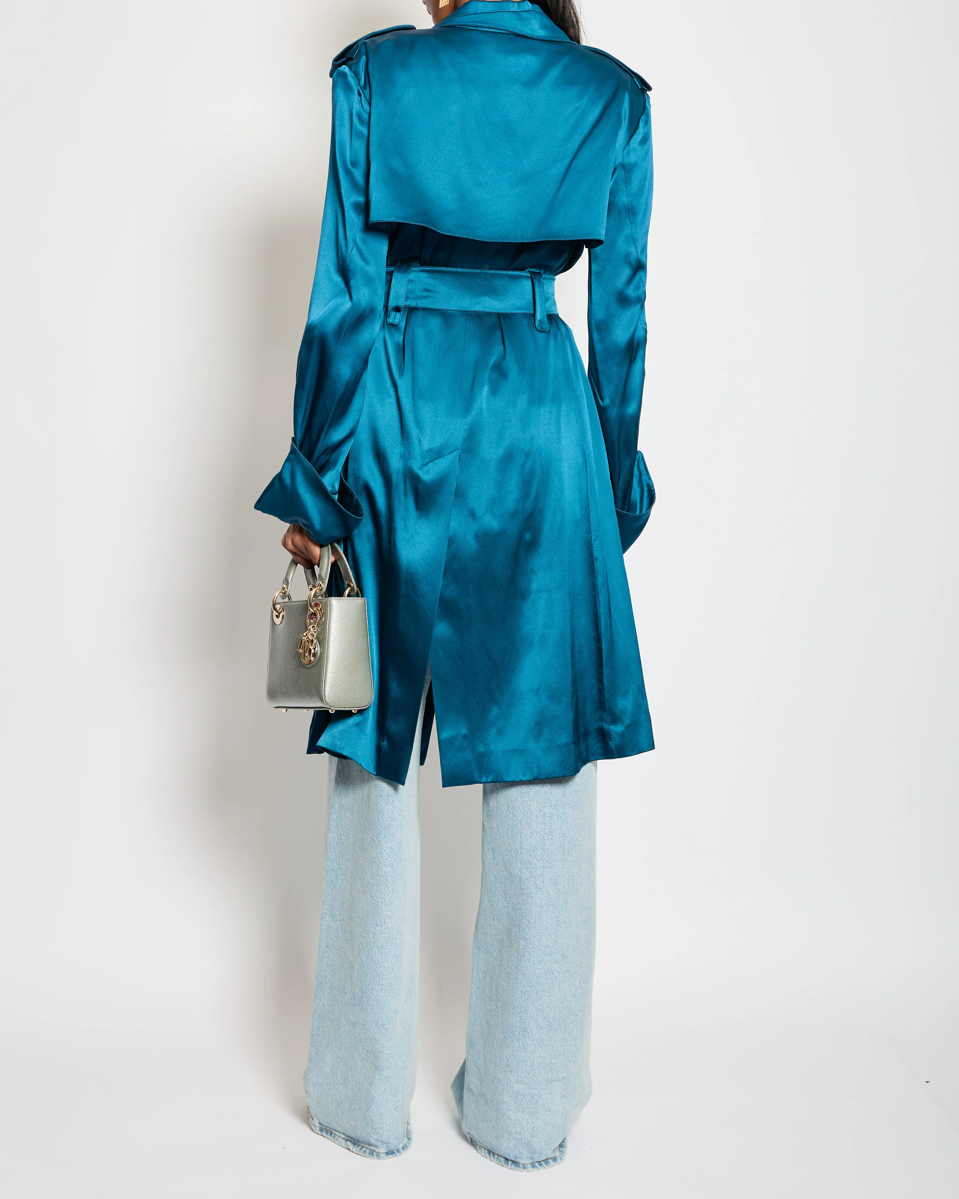 Celine Blue Silk Overcoat with Belt FR 38 (UK 10) - Image 3