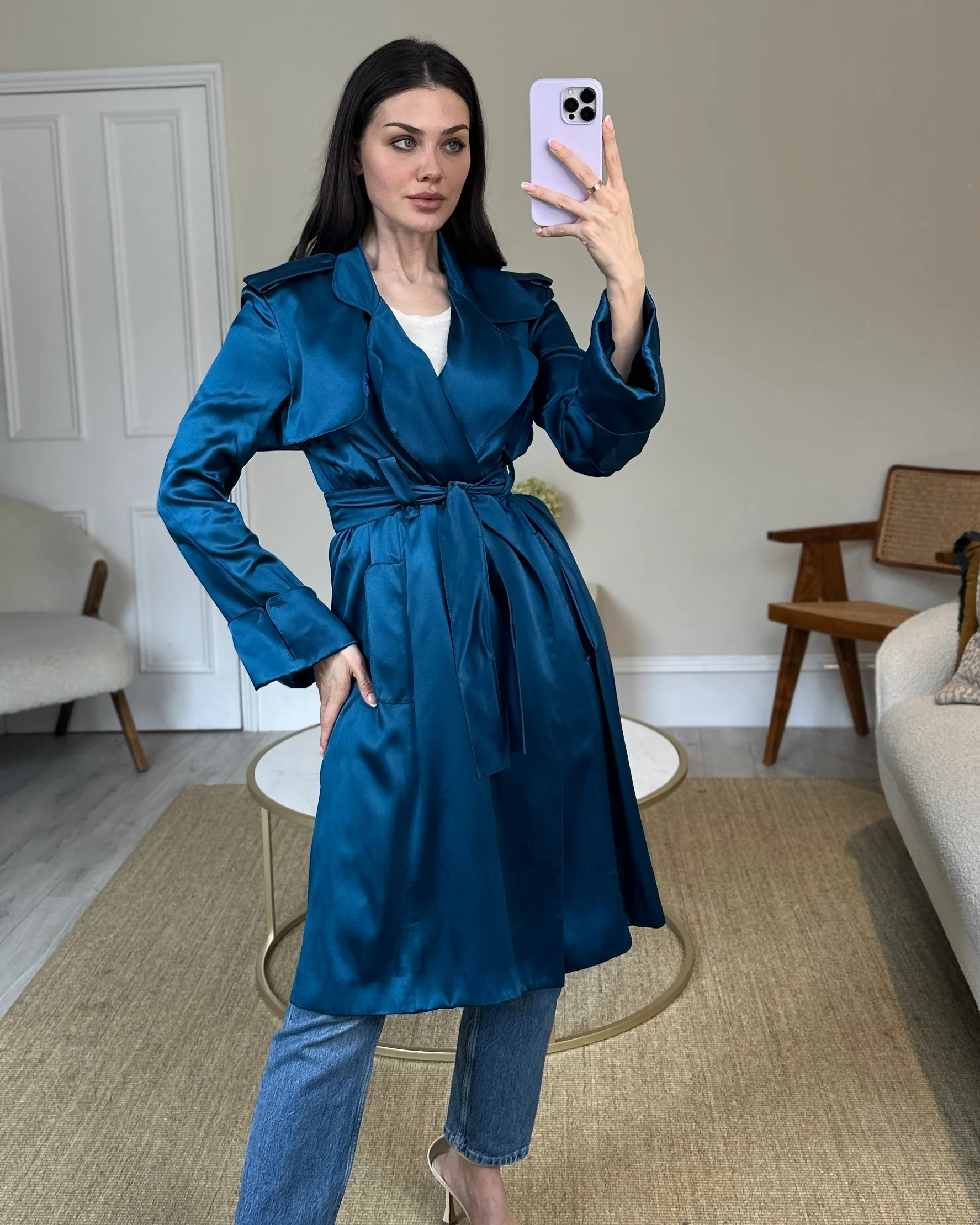 Celine Blue Silk Overcoat with Belt FR 38 (UK 10) - Image 6