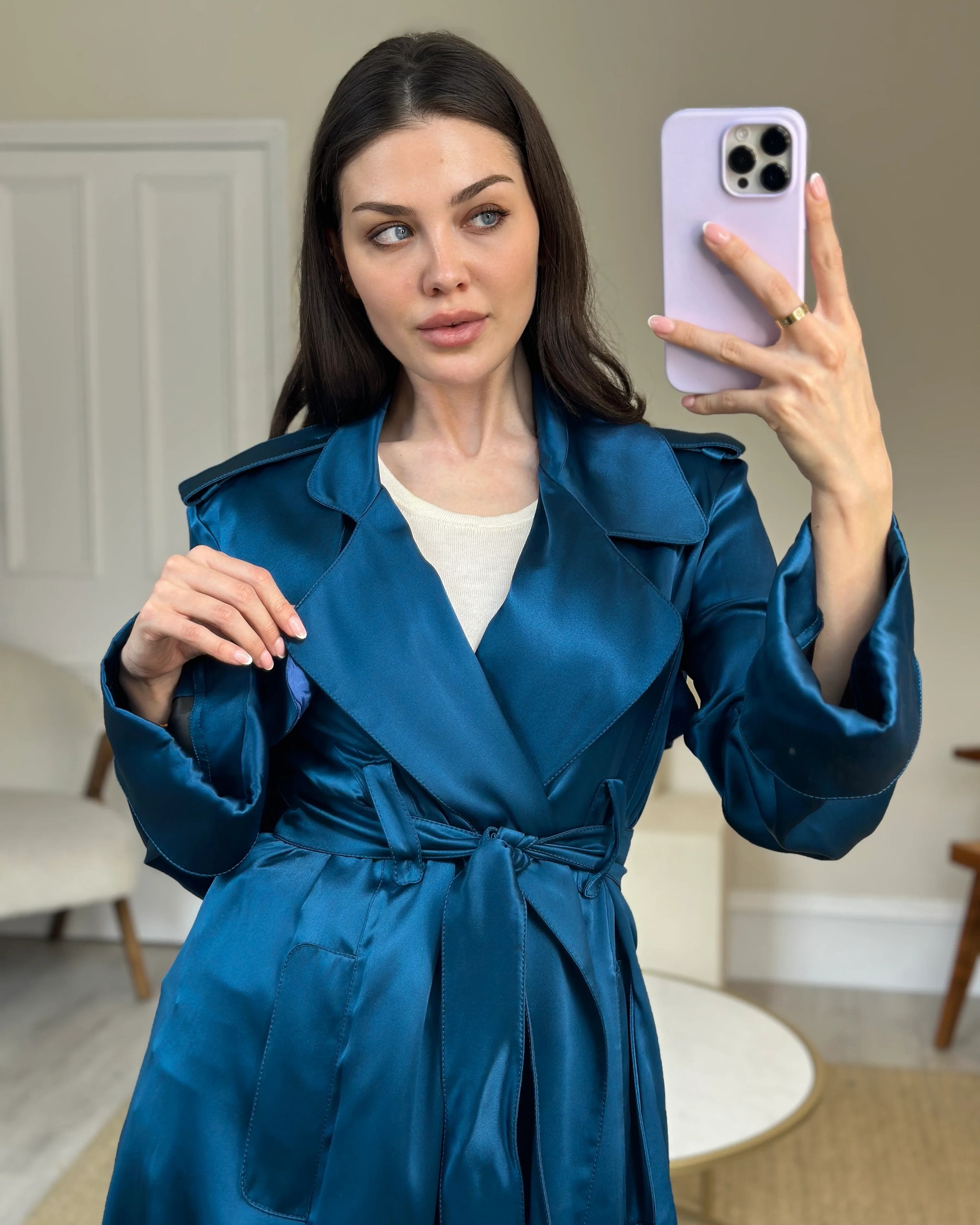 Celine Blue Silk Overcoat with Belt FR 38 (UK 10) - Image 9