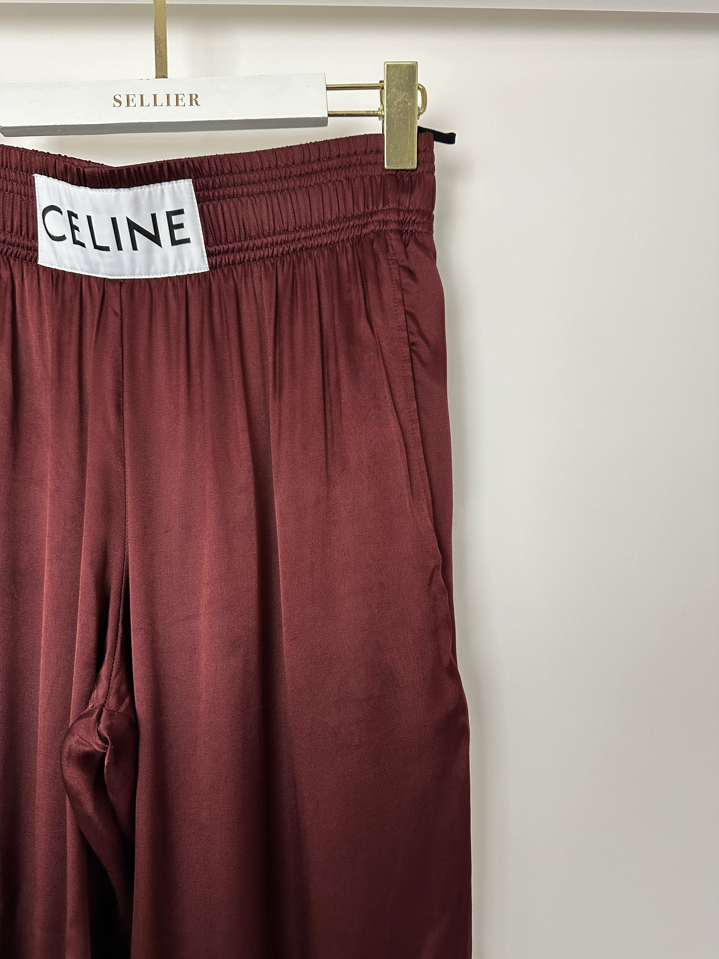 Celine Burgundy Satin Boxing Trousers with Cuffed Hems and Waistband Logo Detail Size FR 34 (UK 6) - Image 11