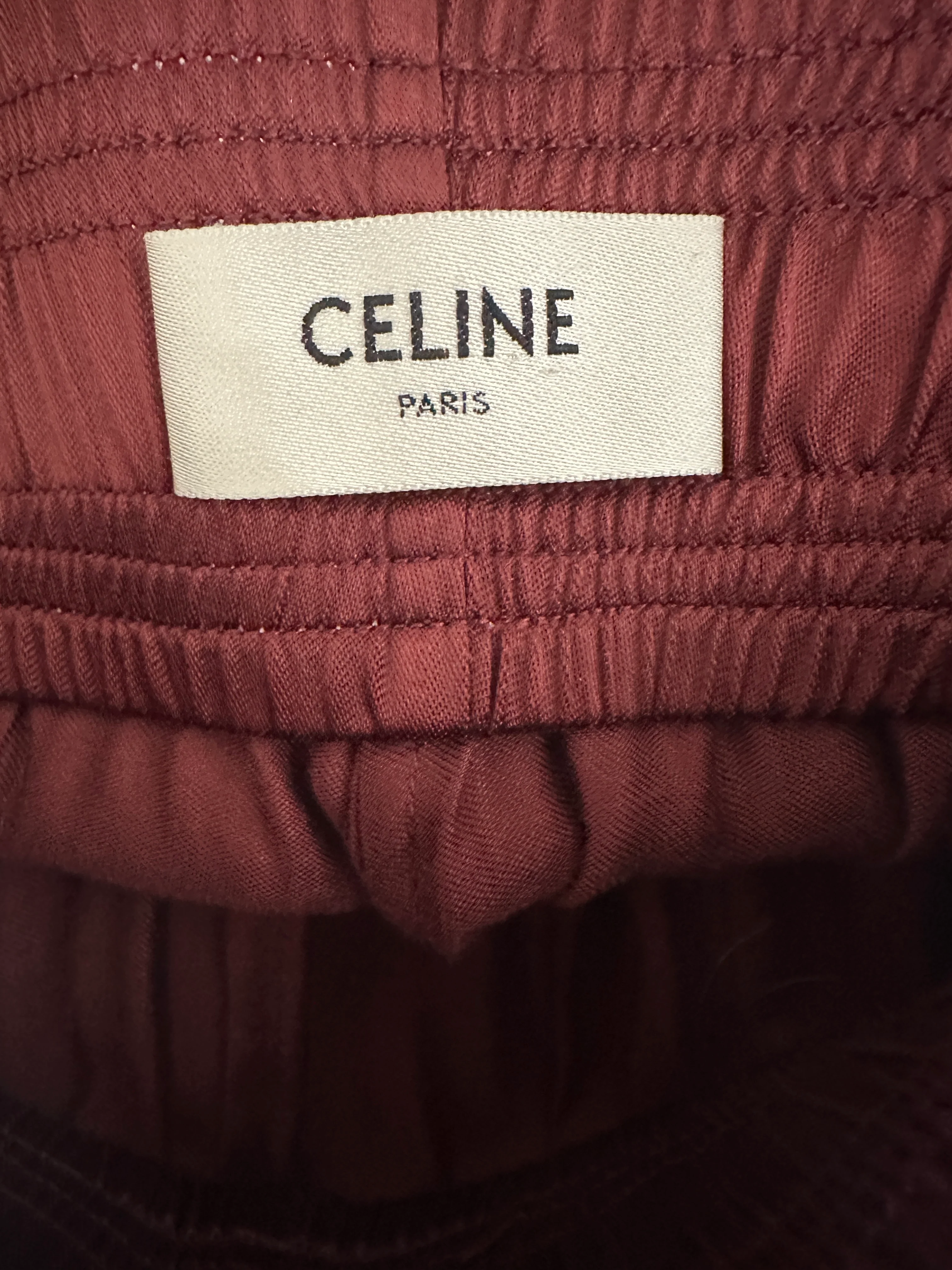 Celine Burgundy Satin Boxing Trousers with Cuffed Hems and Waistband Logo Detail Size FR 34 (UK 6) - Image 13