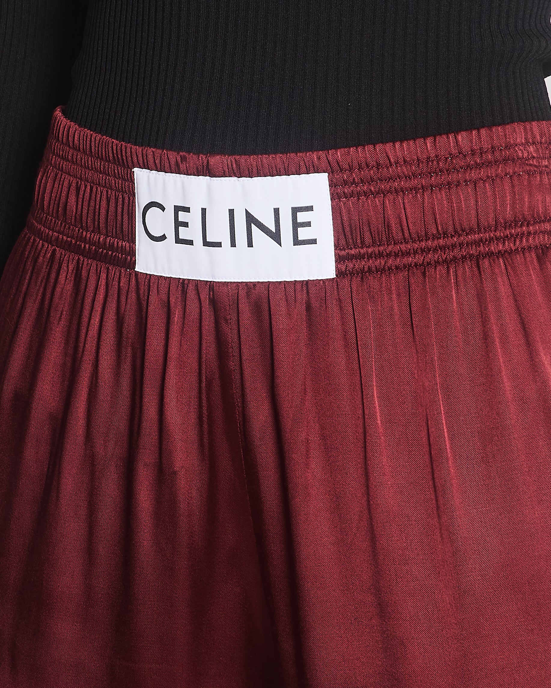 Celine Burgundy Satin Boxing Trousers with Cuffed Hems and Waistband Logo Detail Size FR 34 (UK 6) - Image 3