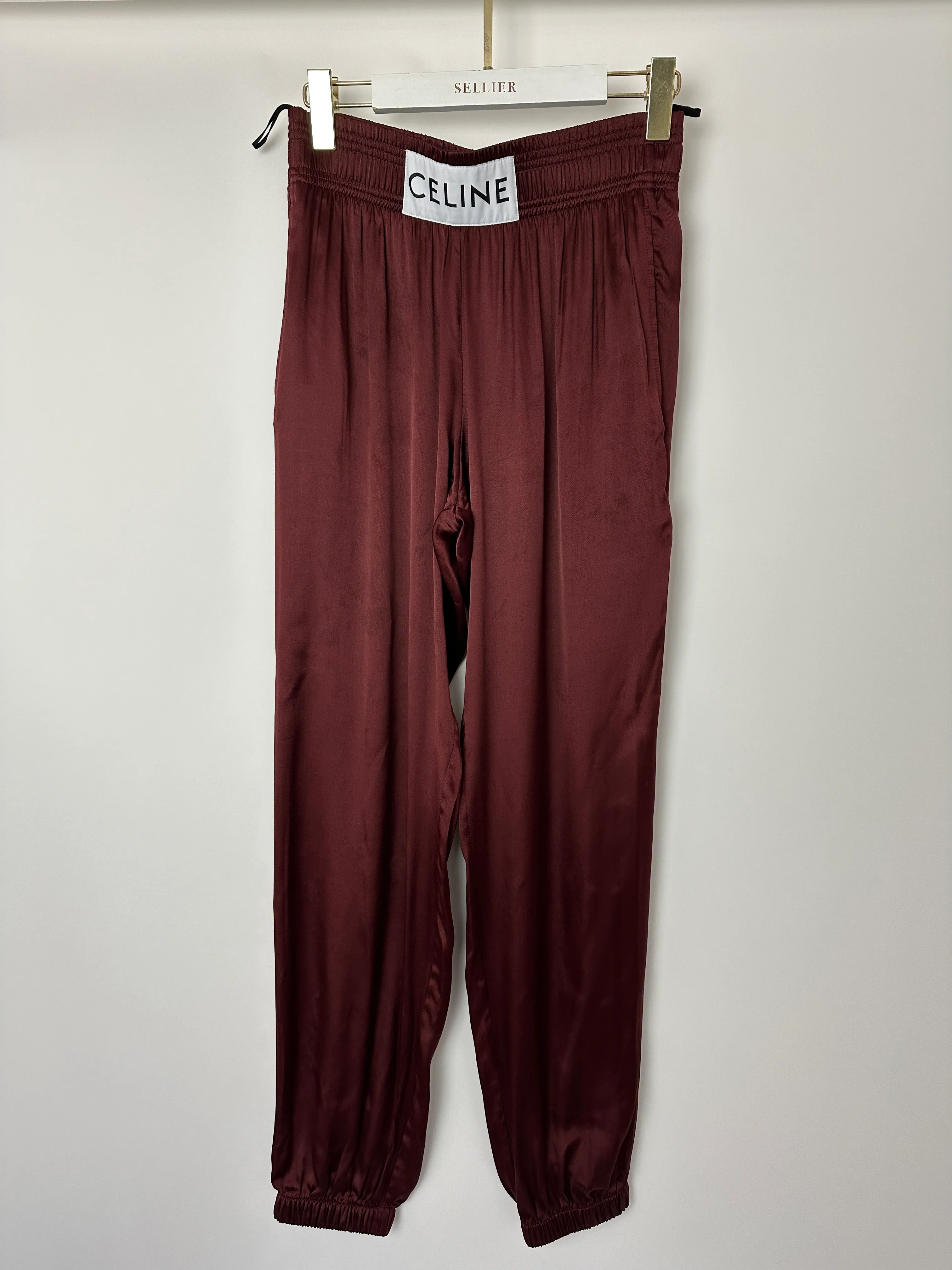 Celine Burgundy Satin Boxing Trousers with Cuffed Hems and Waistband Logo Detail Size FR 34 (UK 6) - Image 9