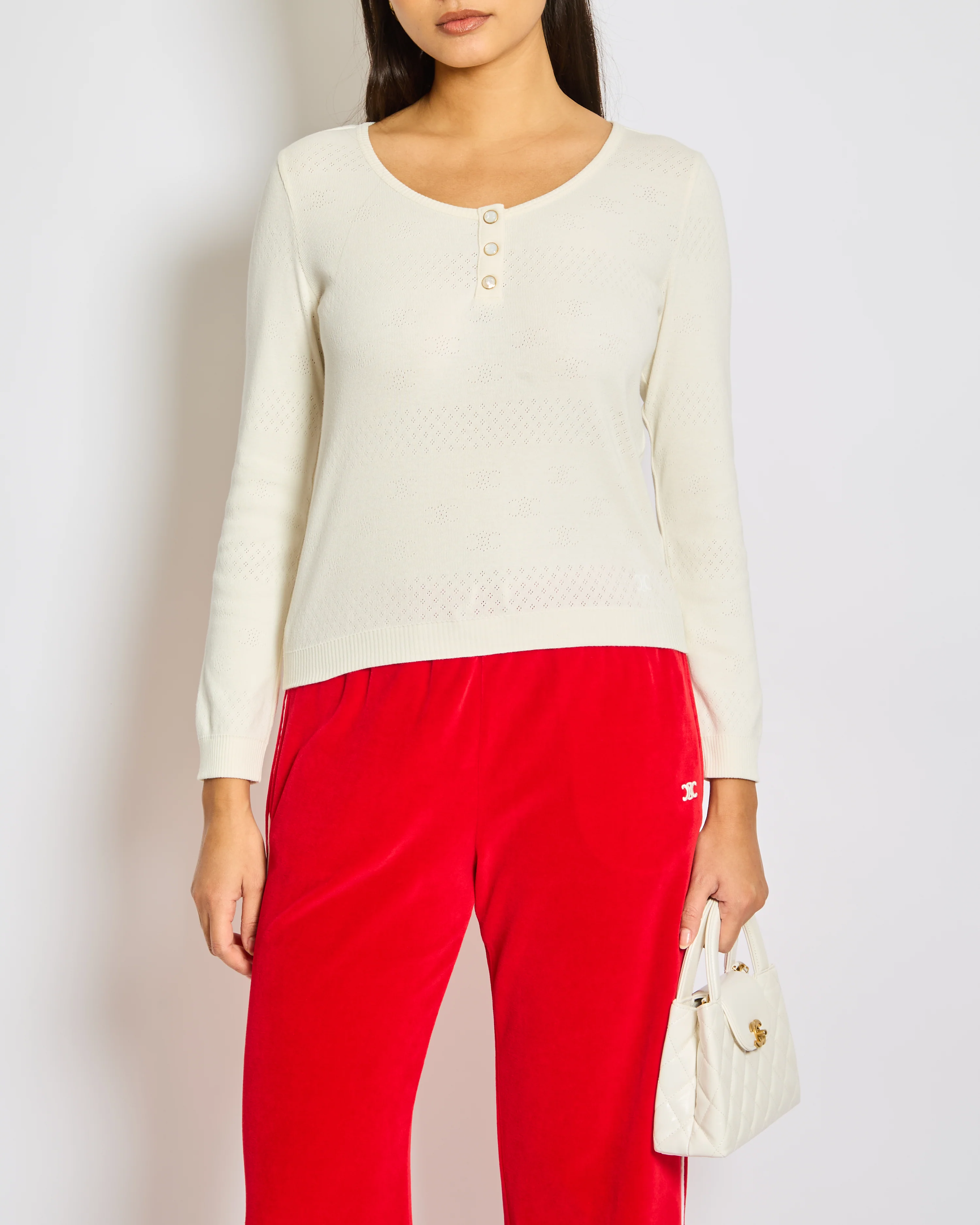 Celine Cream Long-Sleeve Cotton Top with Logo Broidery Anglaise and Pearl Button Details XS (UK 6) - Image 2