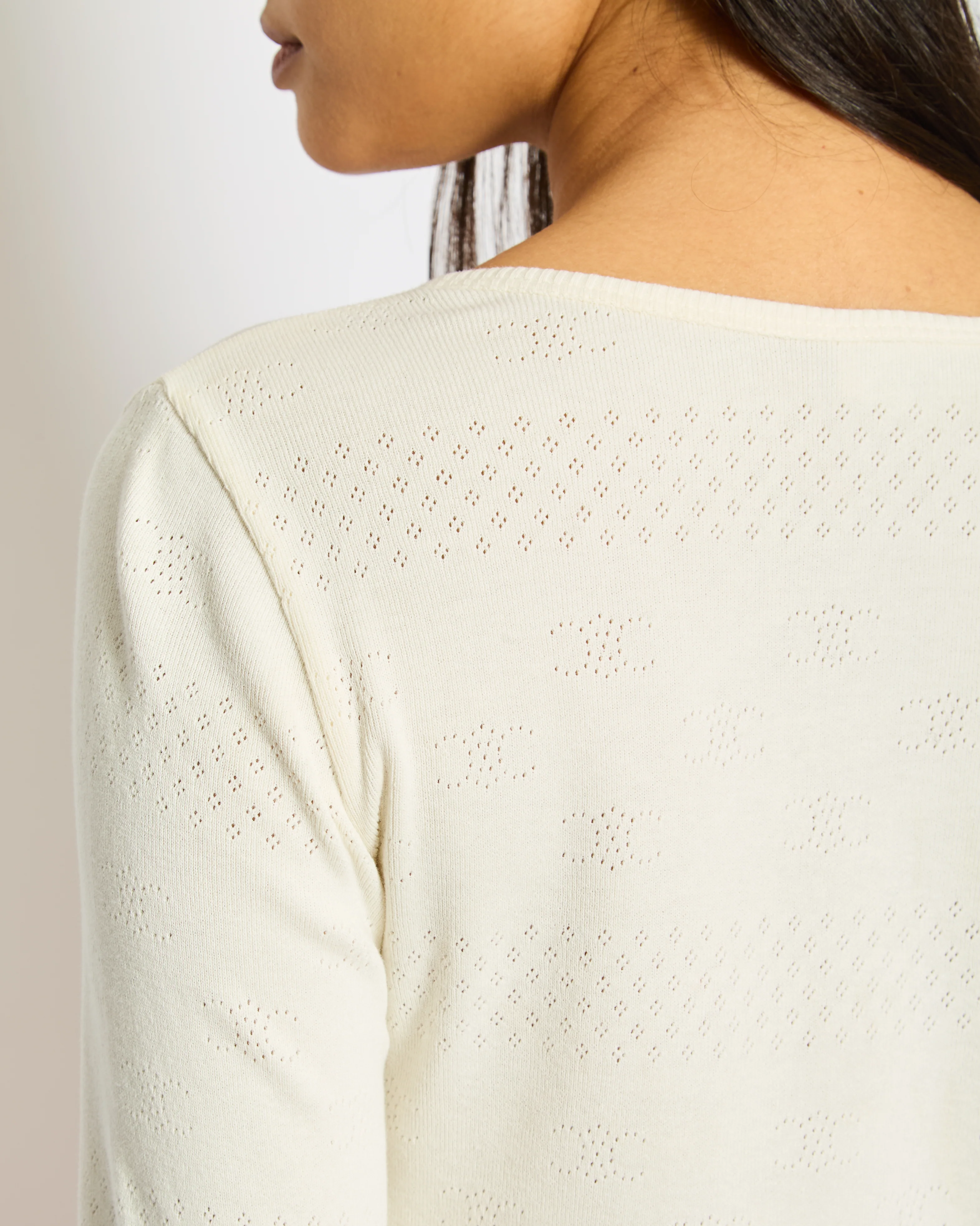 Celine Cream Long-Sleeve Cotton Top with Logo Broidery Anglaise and Pearl Button Details XS (UK 6) - Image 4
