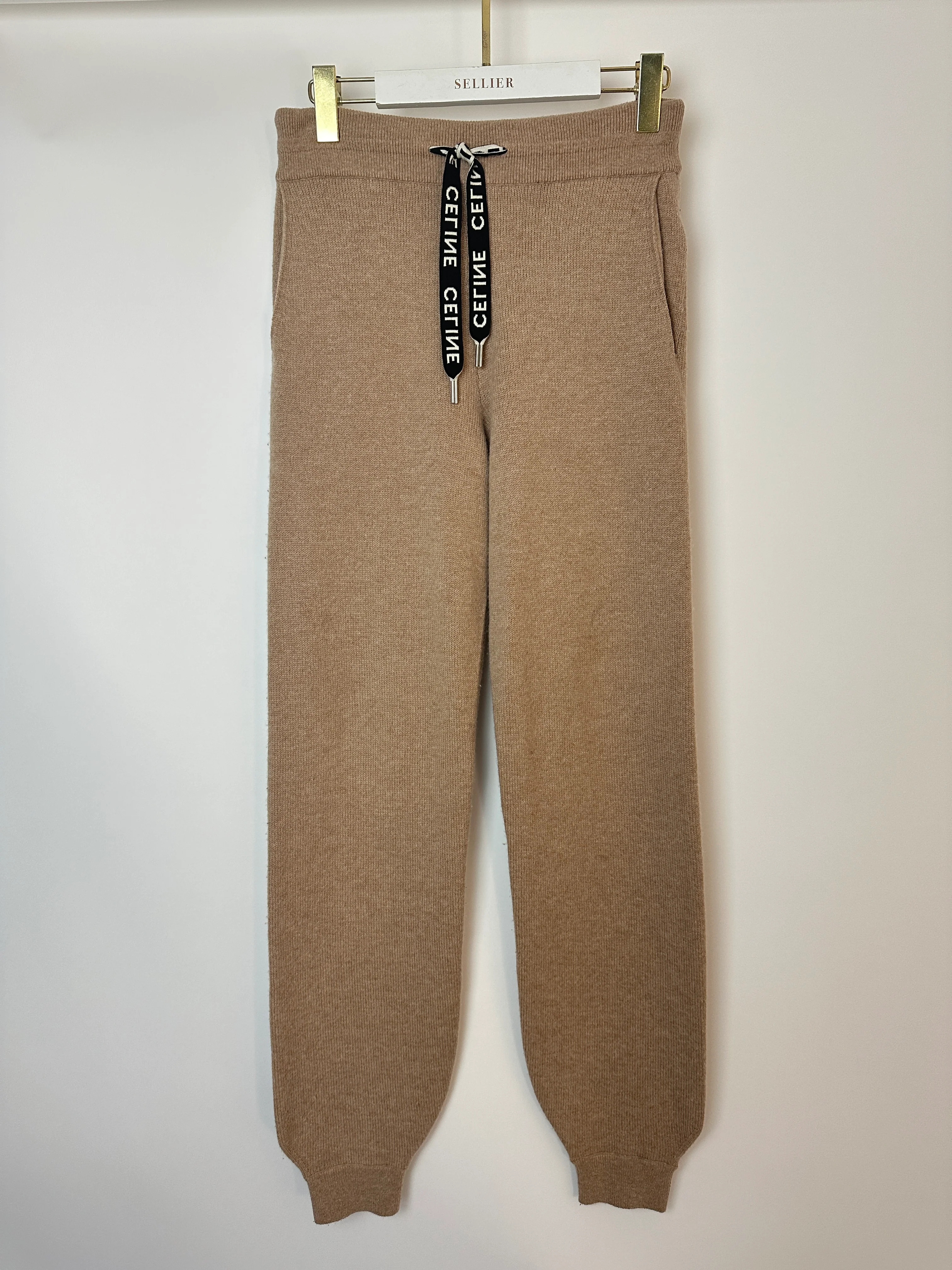 Celine Tan Cashmere Joggers with Cuffed Hems and Logo Tie Size S (UK 8) - Image 6
