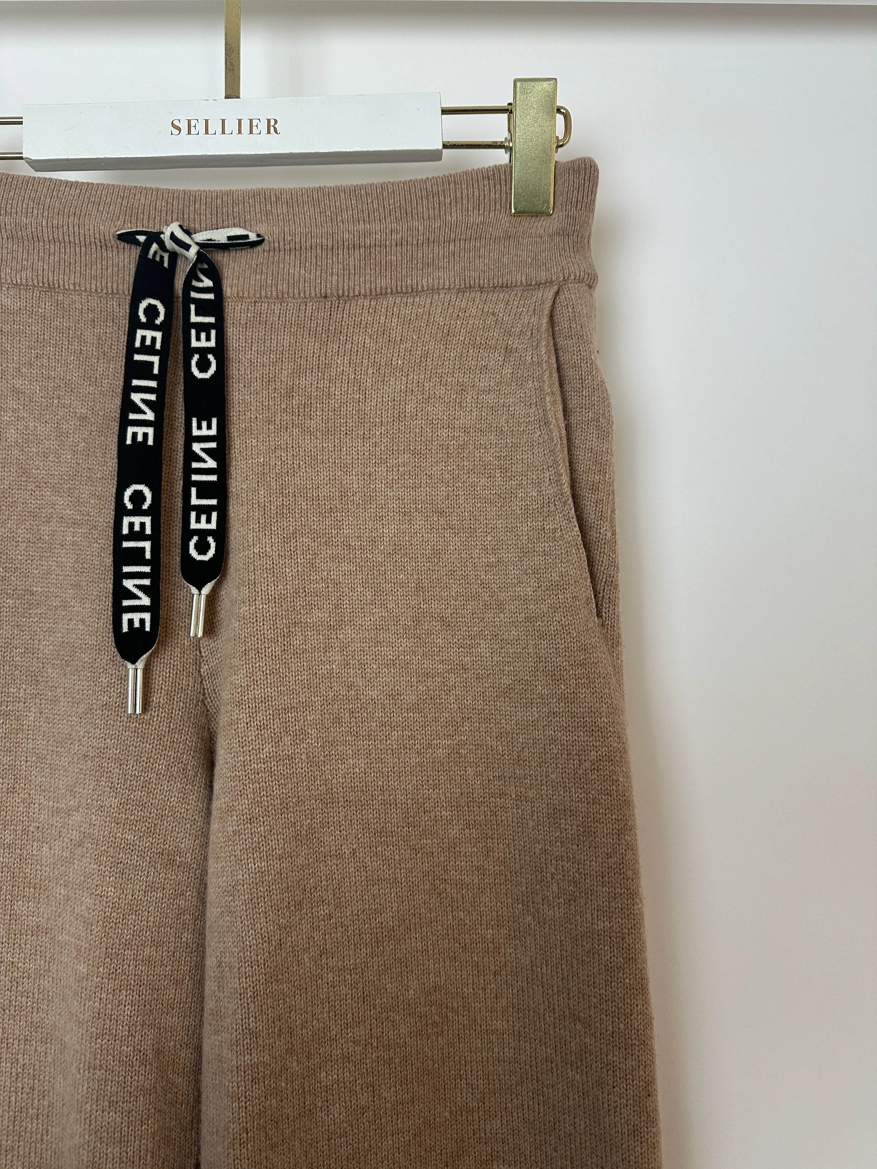 Celine Tan Cashmere Joggers with Cuffed Hems and Logo Tie Size S (UK 8) - Image 8