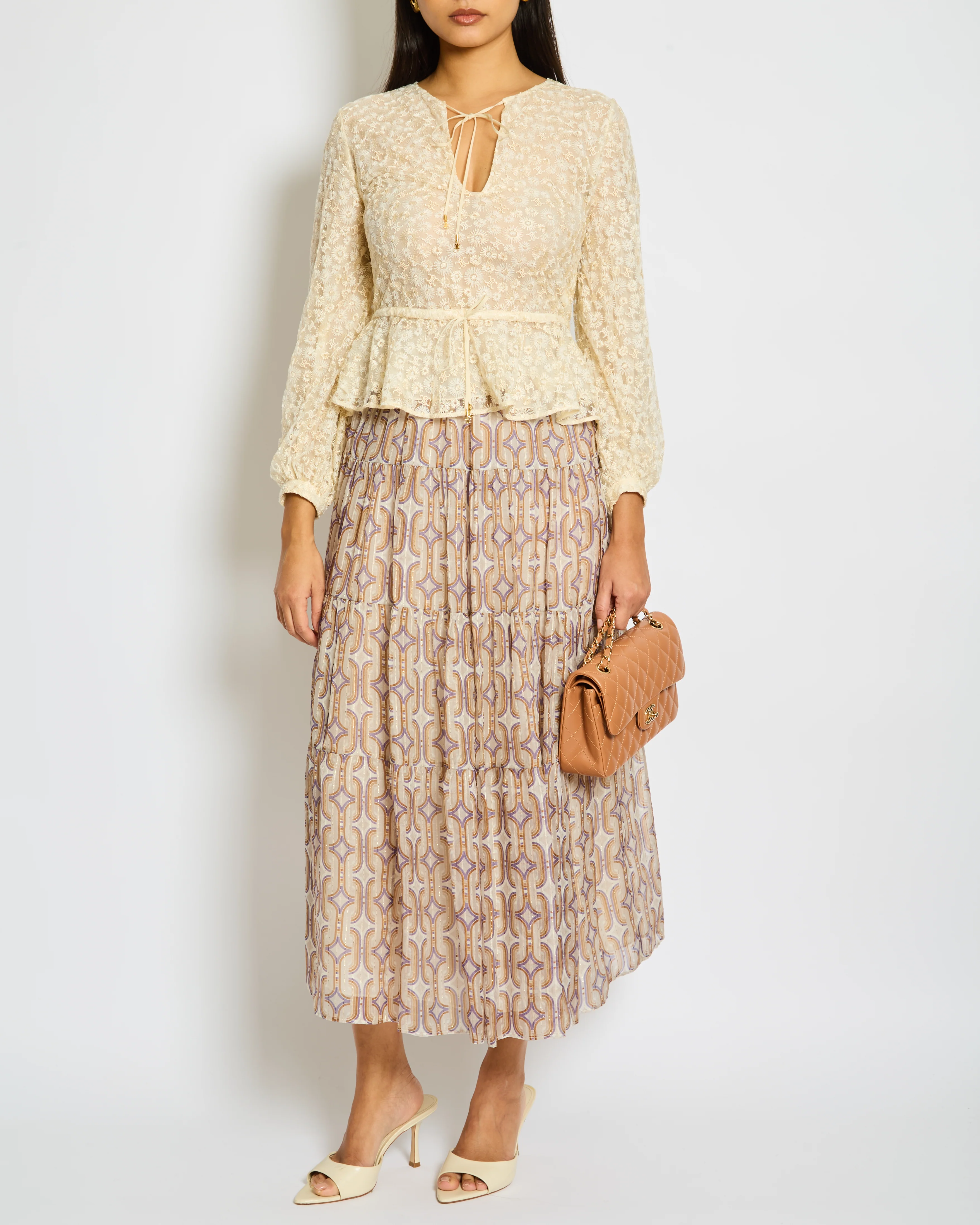 Celine Taupe Brown Gold Silk Geometric Print Midi Skirt Size FR 34 (UK 6)