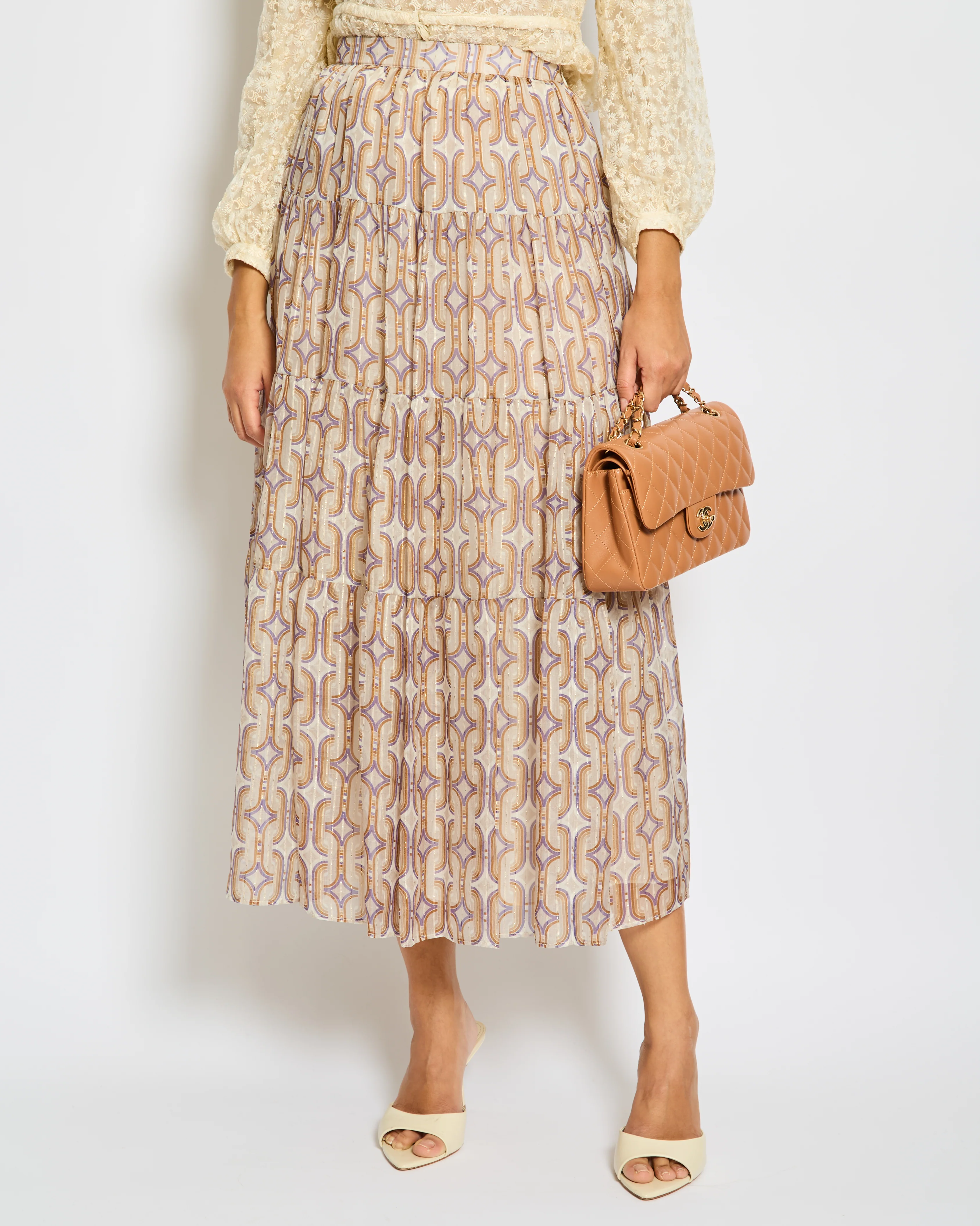 Celine Taupe Brown Gold Silk Geometric Print Midi Skirt Size FR 34 (UK 6) - Image 2