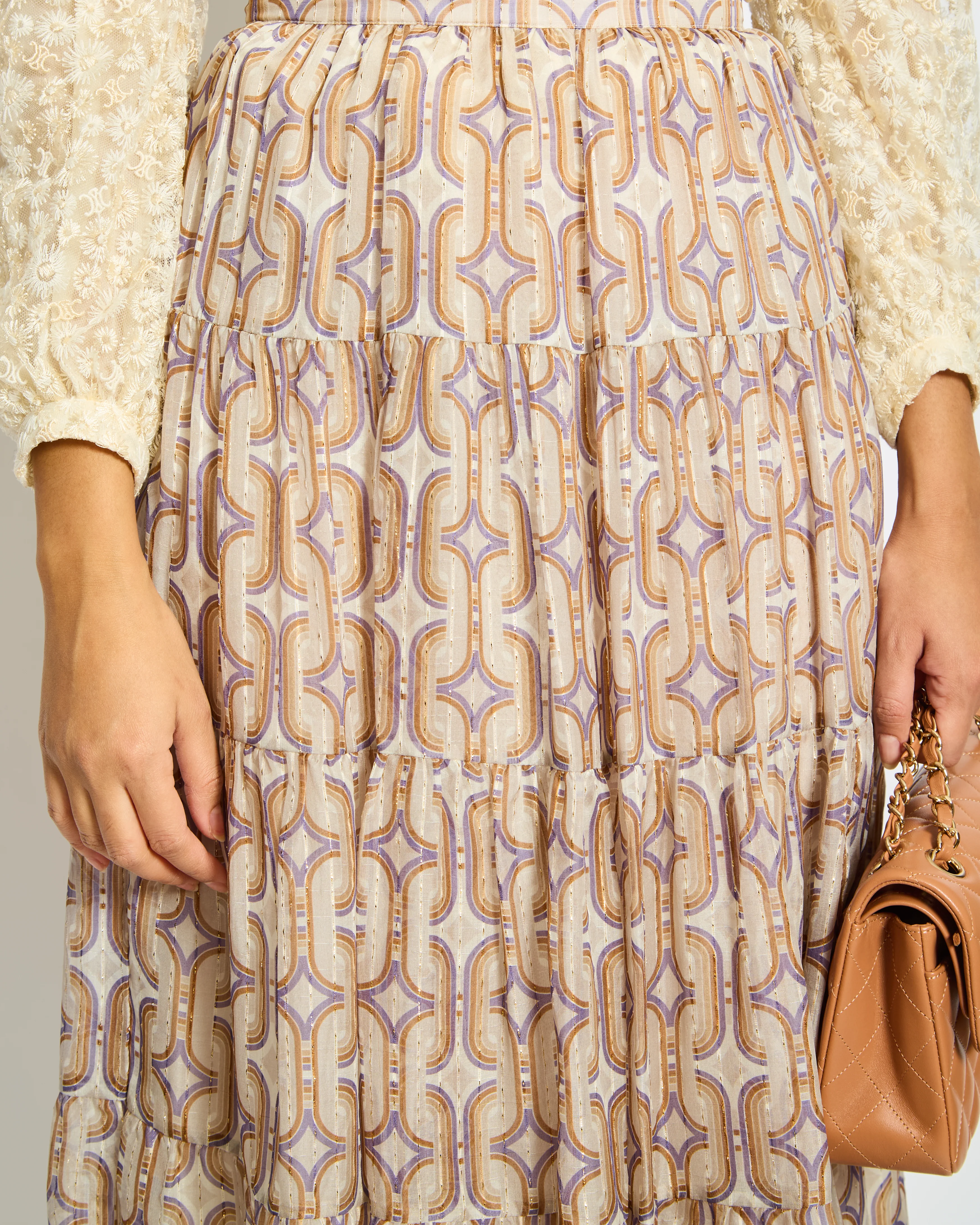 Celine Taupe Brown Gold Silk Geometric Print Midi Skirt Size FR 34 (UK 6) - Image 4