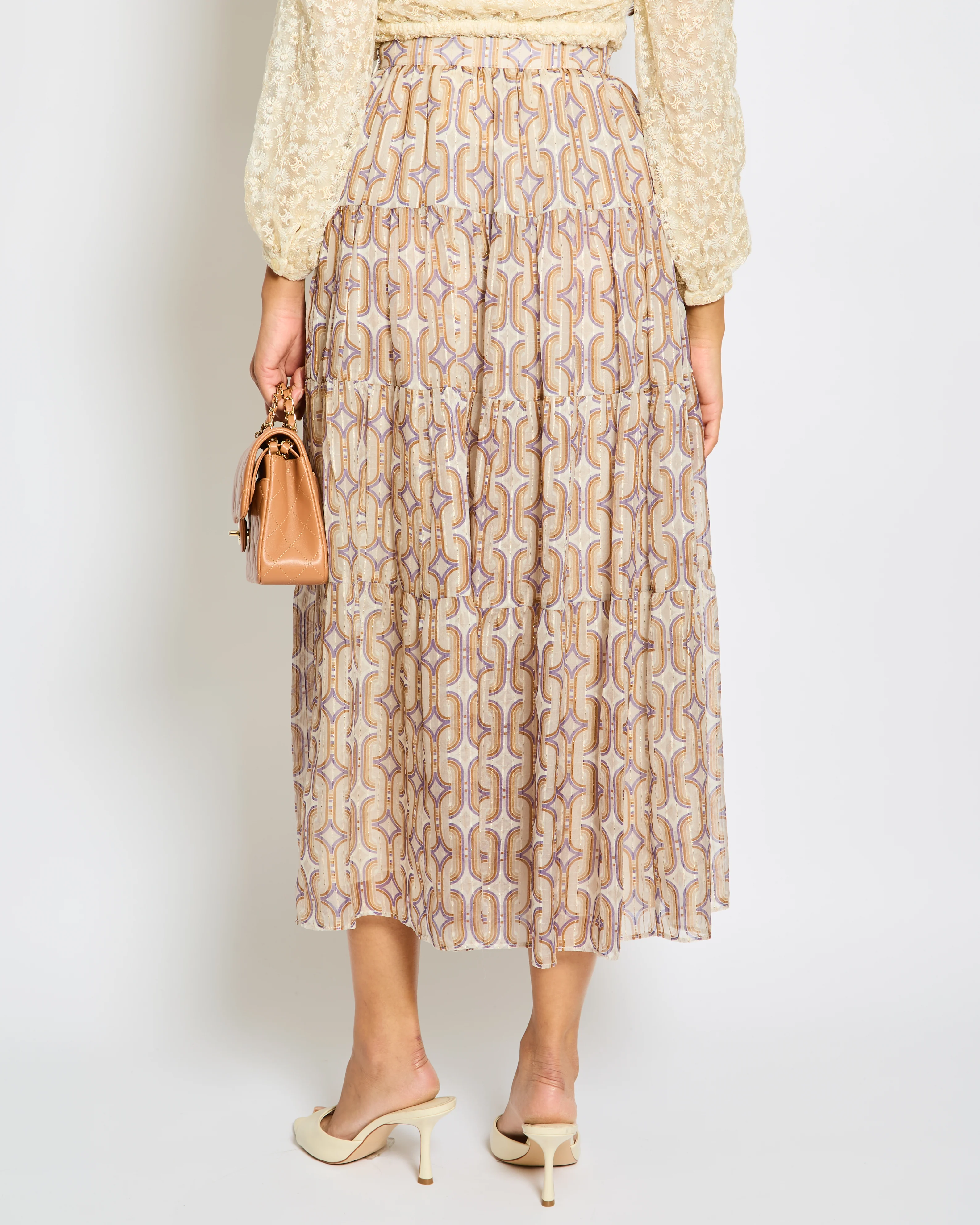Celine Taupe Brown Gold Silk Geometric Print Midi Skirt Size FR 34 (UK 6) - Image 5