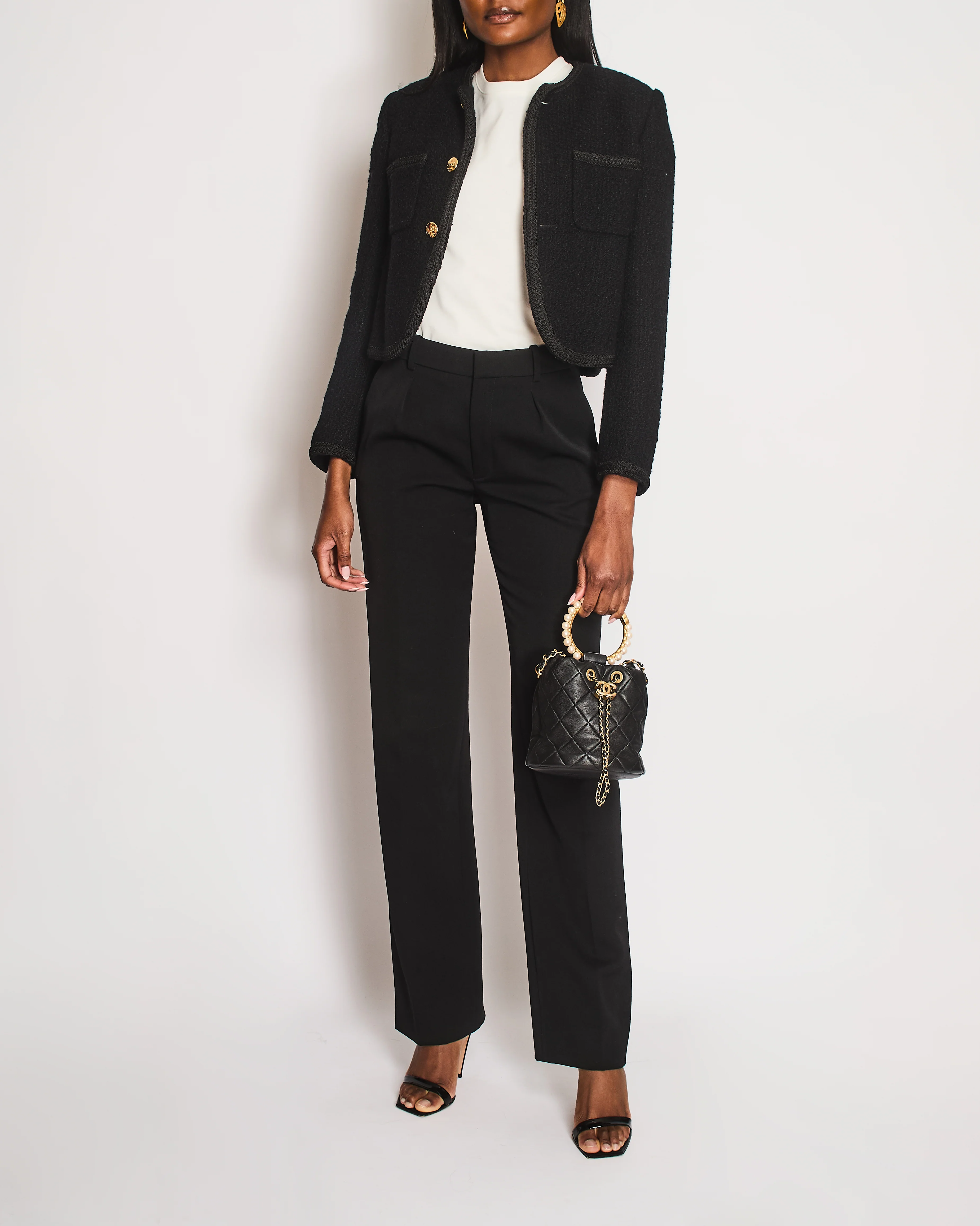 Celine Tweed Black Collarless Button Down Cropped Jacket Size FR 36 (UK 8)