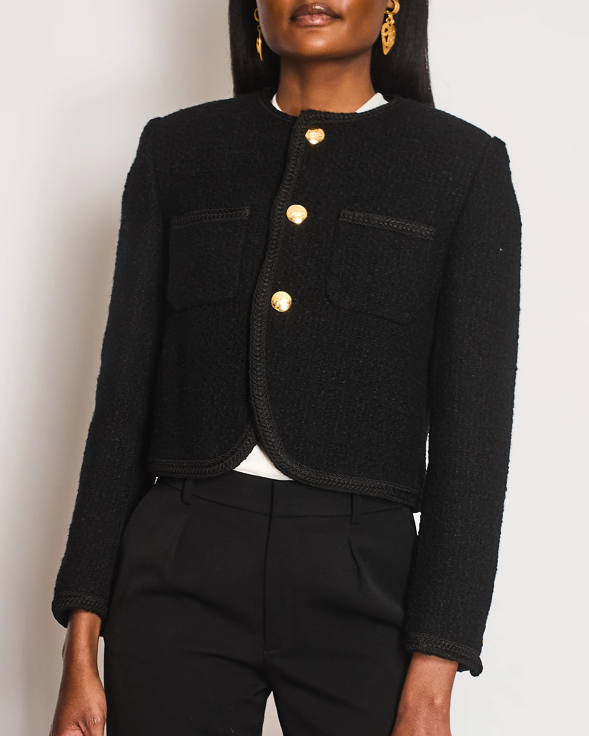 Celine Tweed Black Collarless Button Down Cropped Jacket Size FR 36 (UK 8) - Image 2