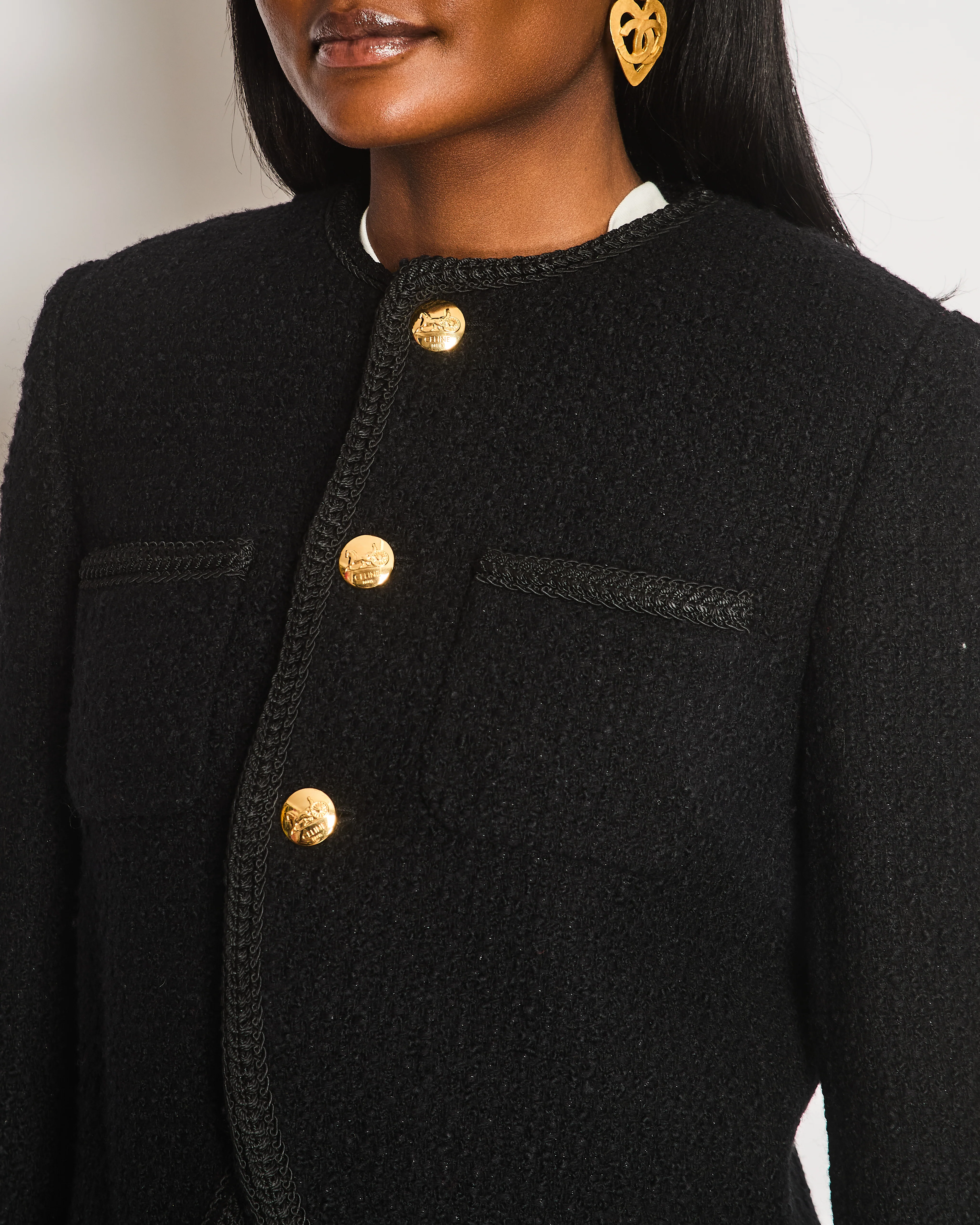 Celine Tweed Black Collarless Button Down Cropped Jacket Size FR 36 (UK 8) - Image 3