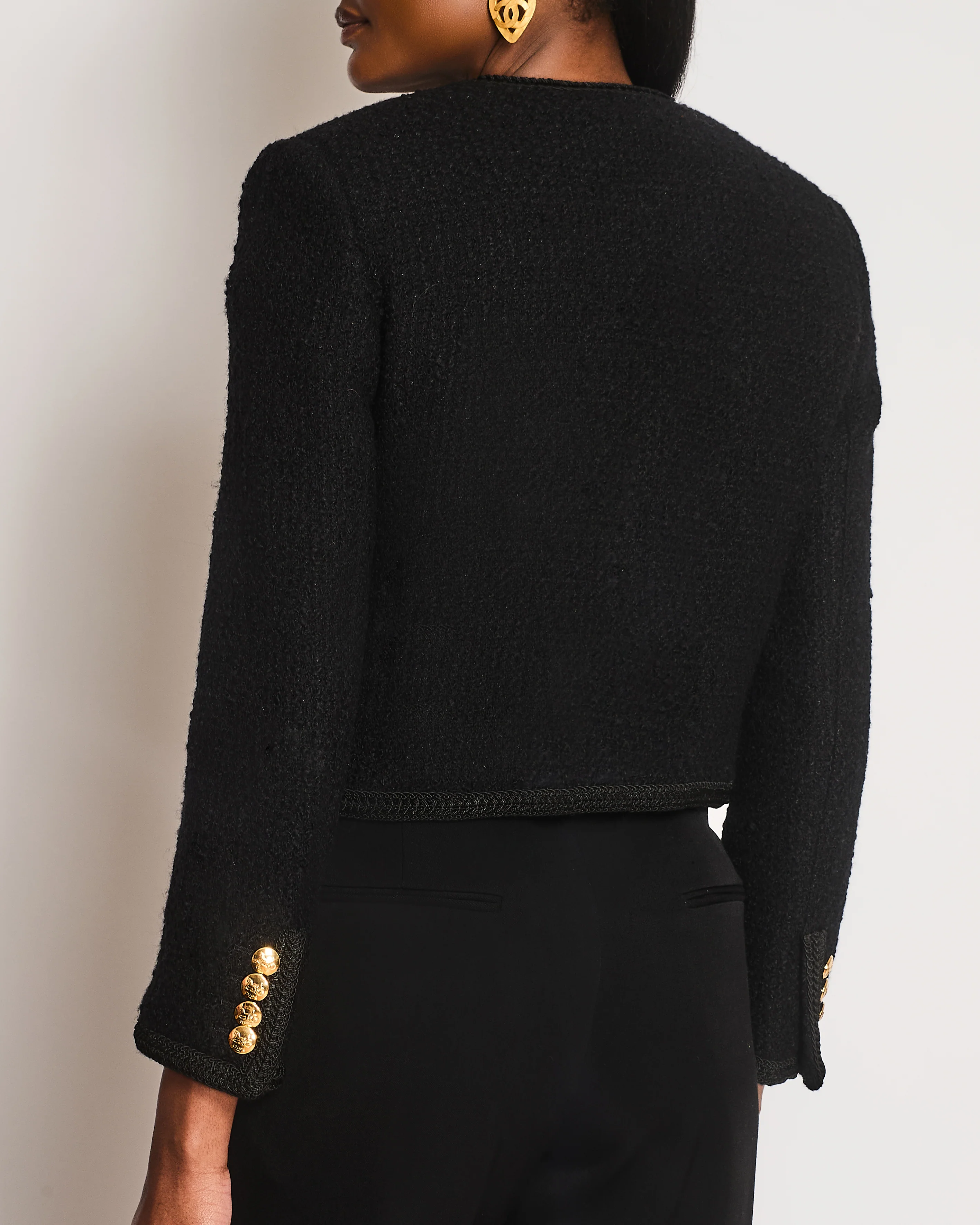 Celine Tweed Black Collarless Button Down Cropped Jacket Size FR 36 (UK 8) - Image 5