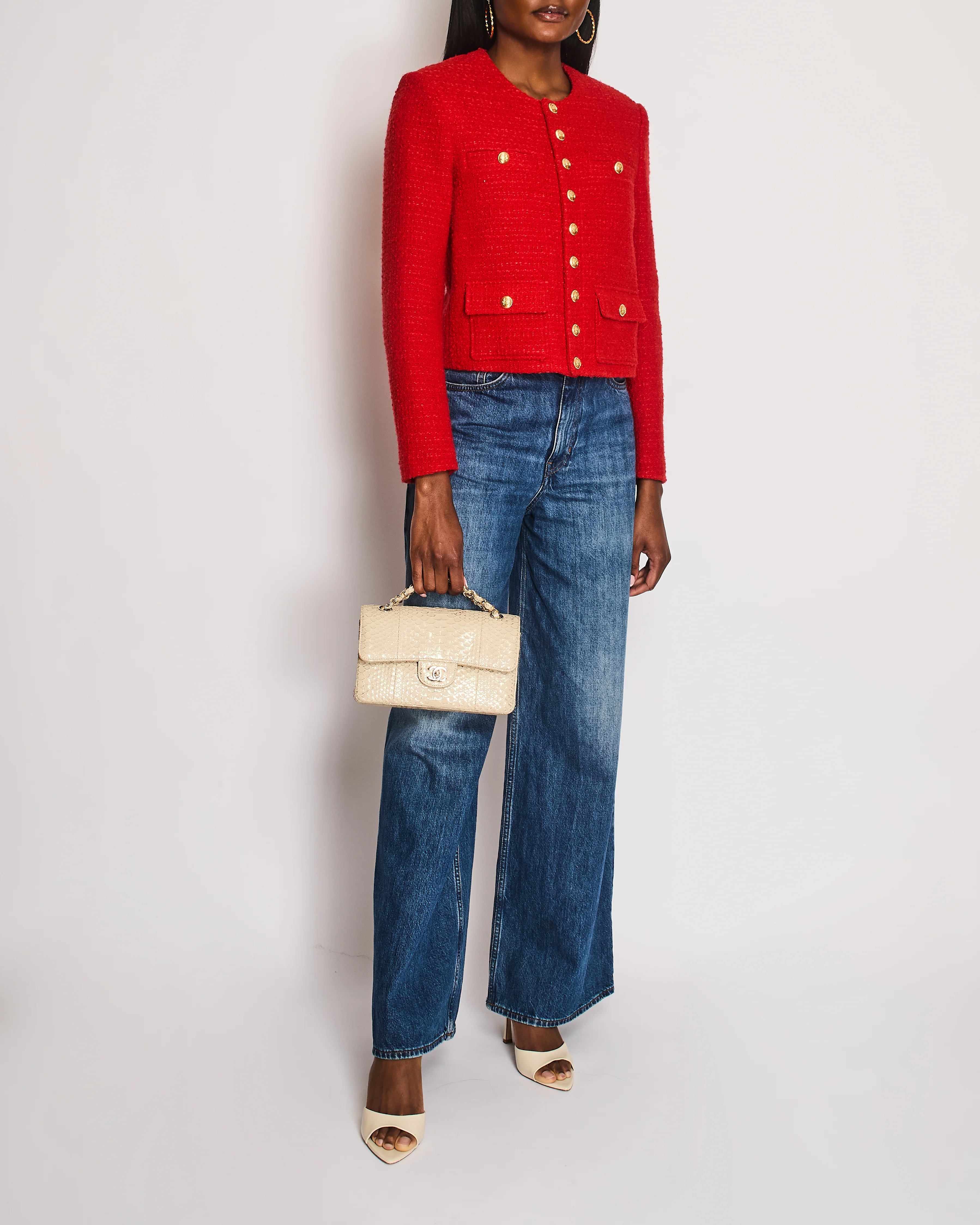 Celine Tweed Red Collarless Button Down Jacket Size FR 36 (UK 8) - Image 3