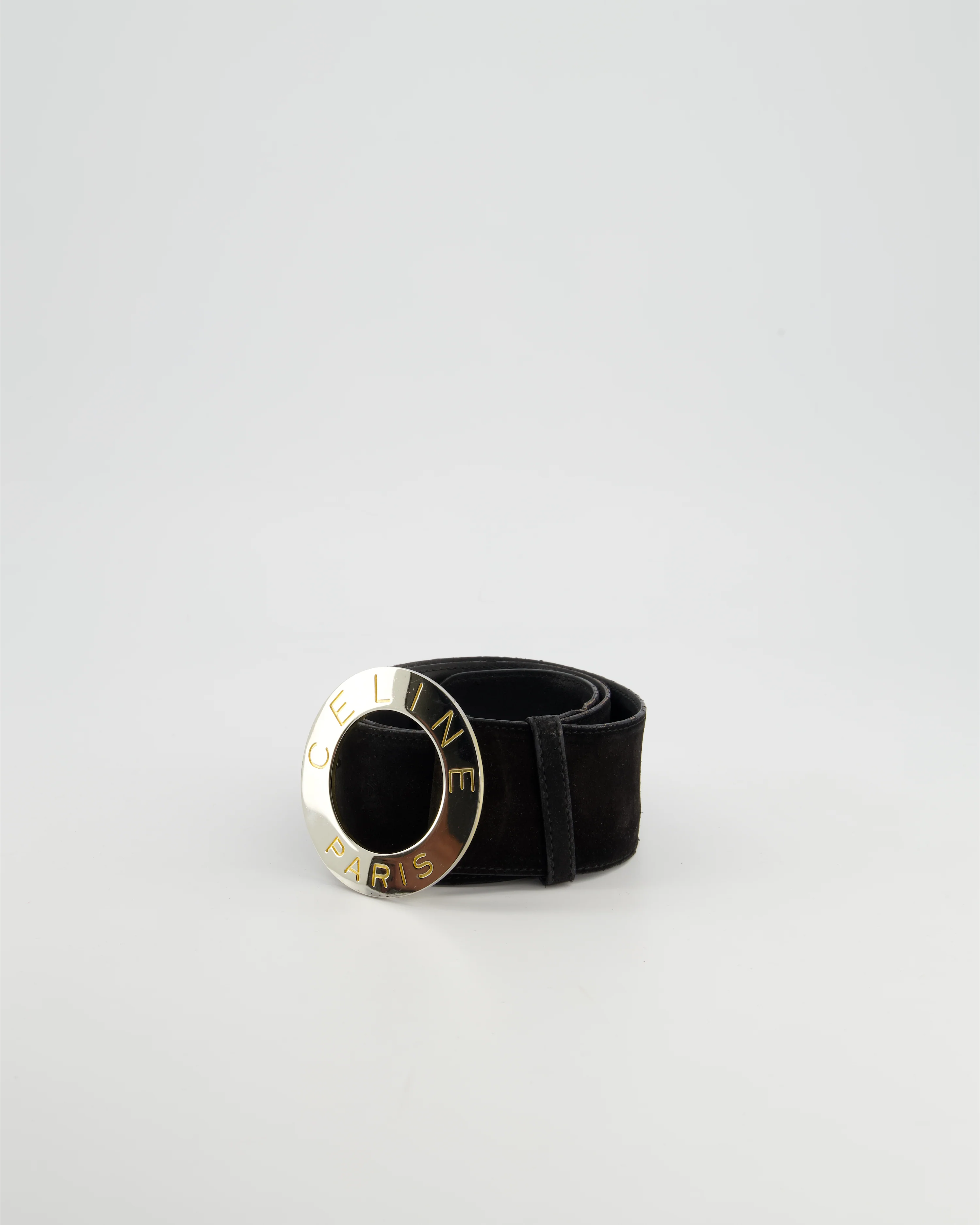 Celine Vintage Black Suede Wide Belt With Large Silver Logo Buckle Size 70cm - Image 2