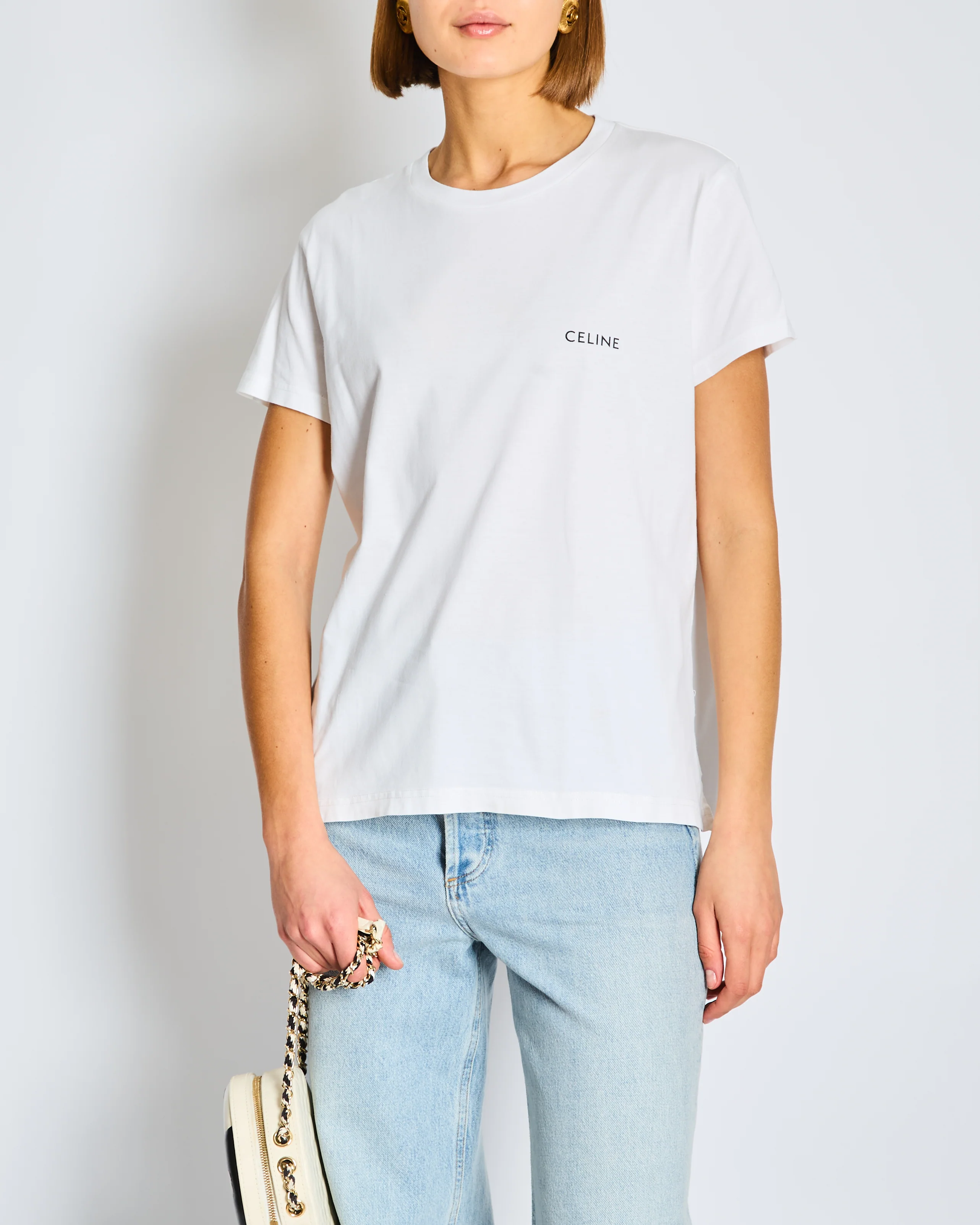 Céline White Cotton T-shirt with Black Logo FR 36 Size UK 8
