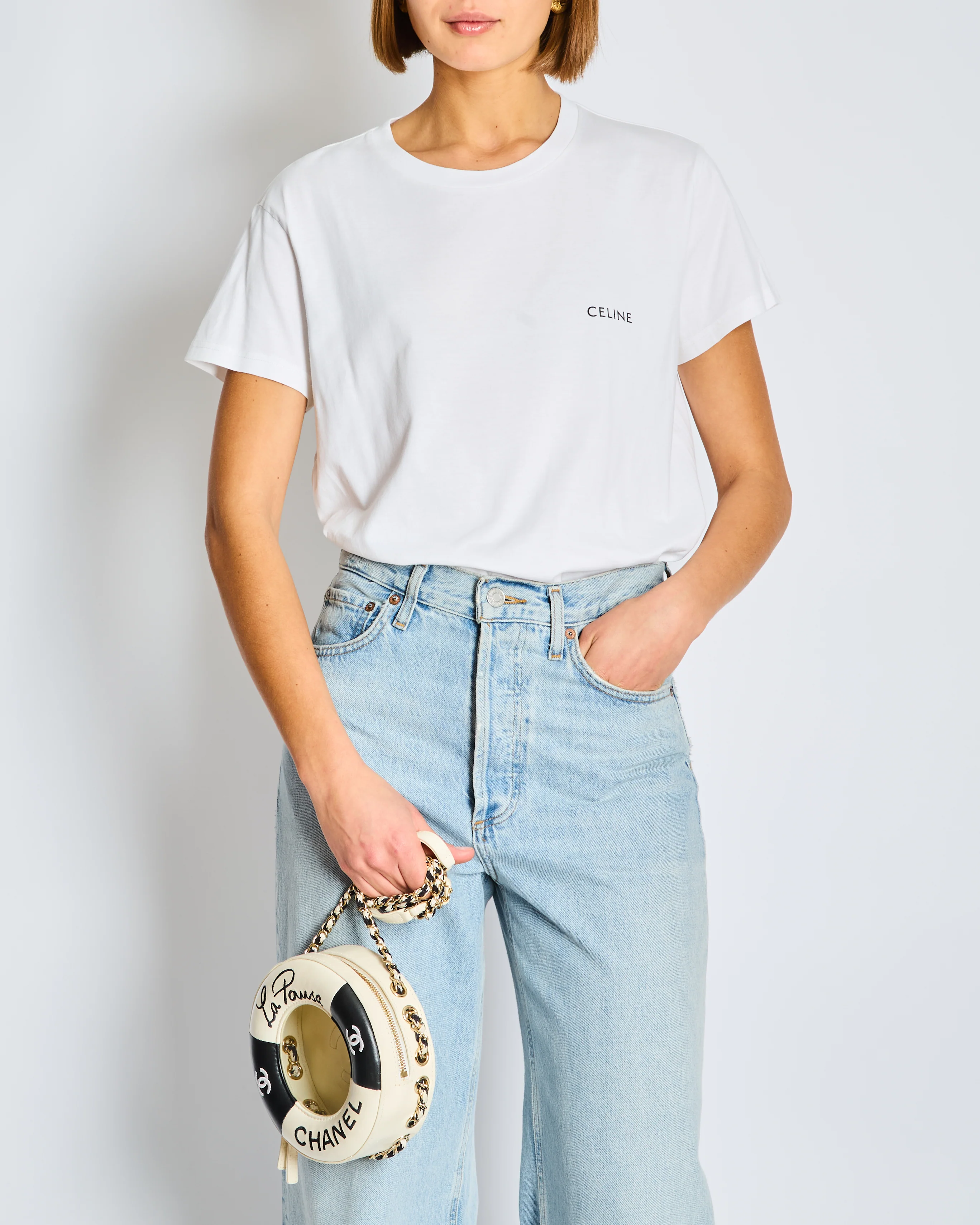 Céline White Cotton T-shirt with Black Logo FR 36 Size UK 8 - Image 2