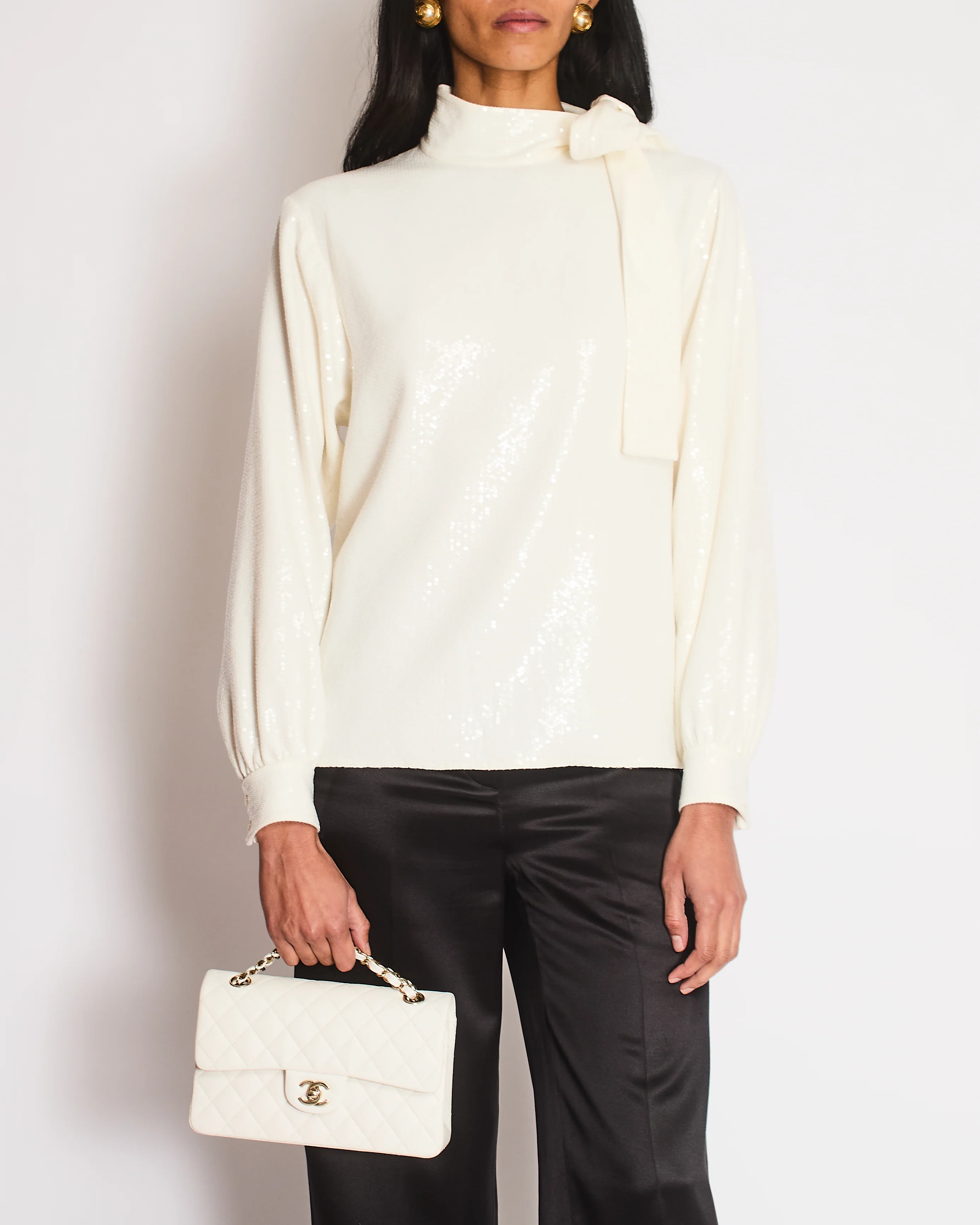 Celine White Sequin Blouse with Neck Tie Size FR 36 (UK 8)