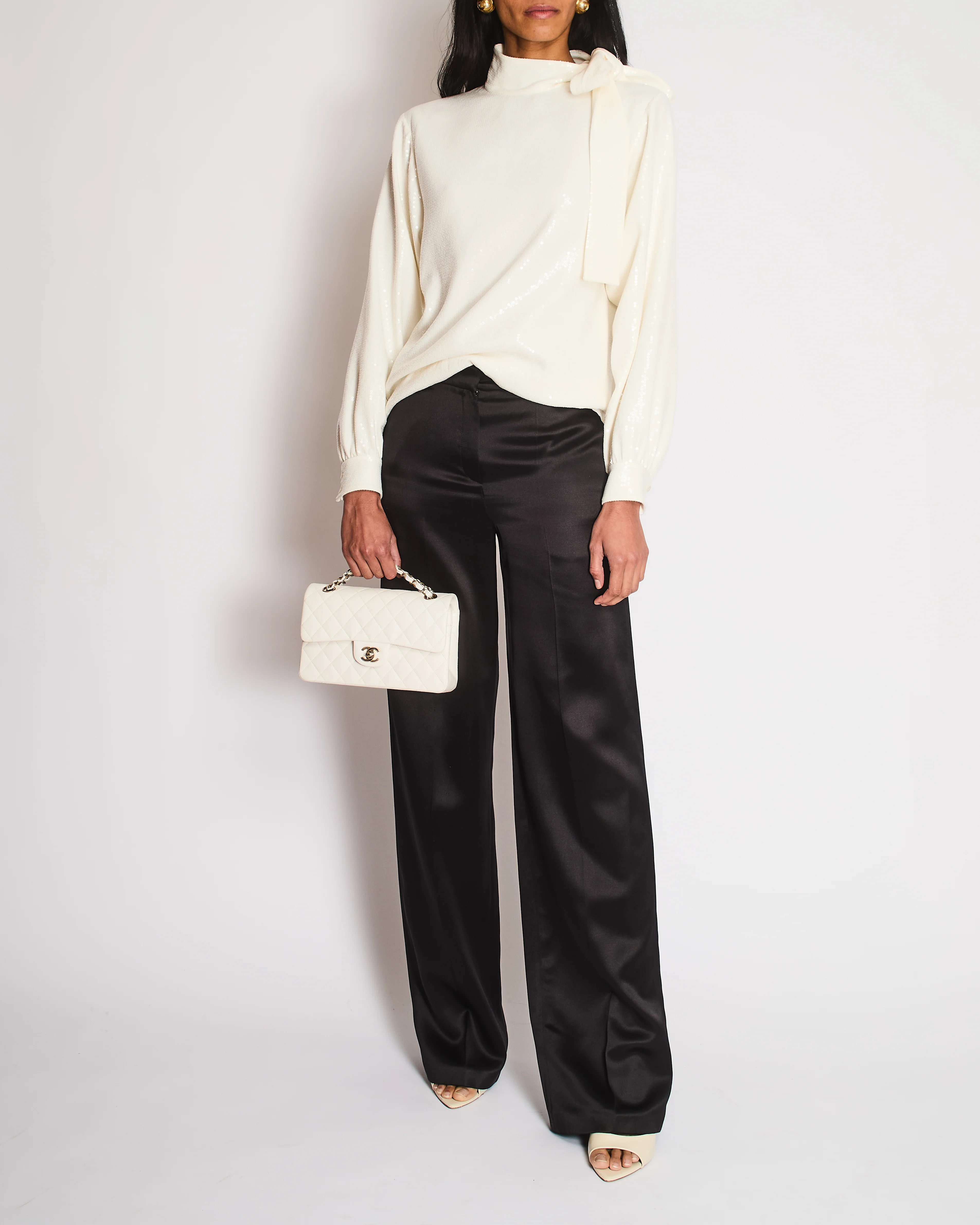 Celine White Sequin Blouse with Neck Tie Size FR 36 (UK 8) - Image 4