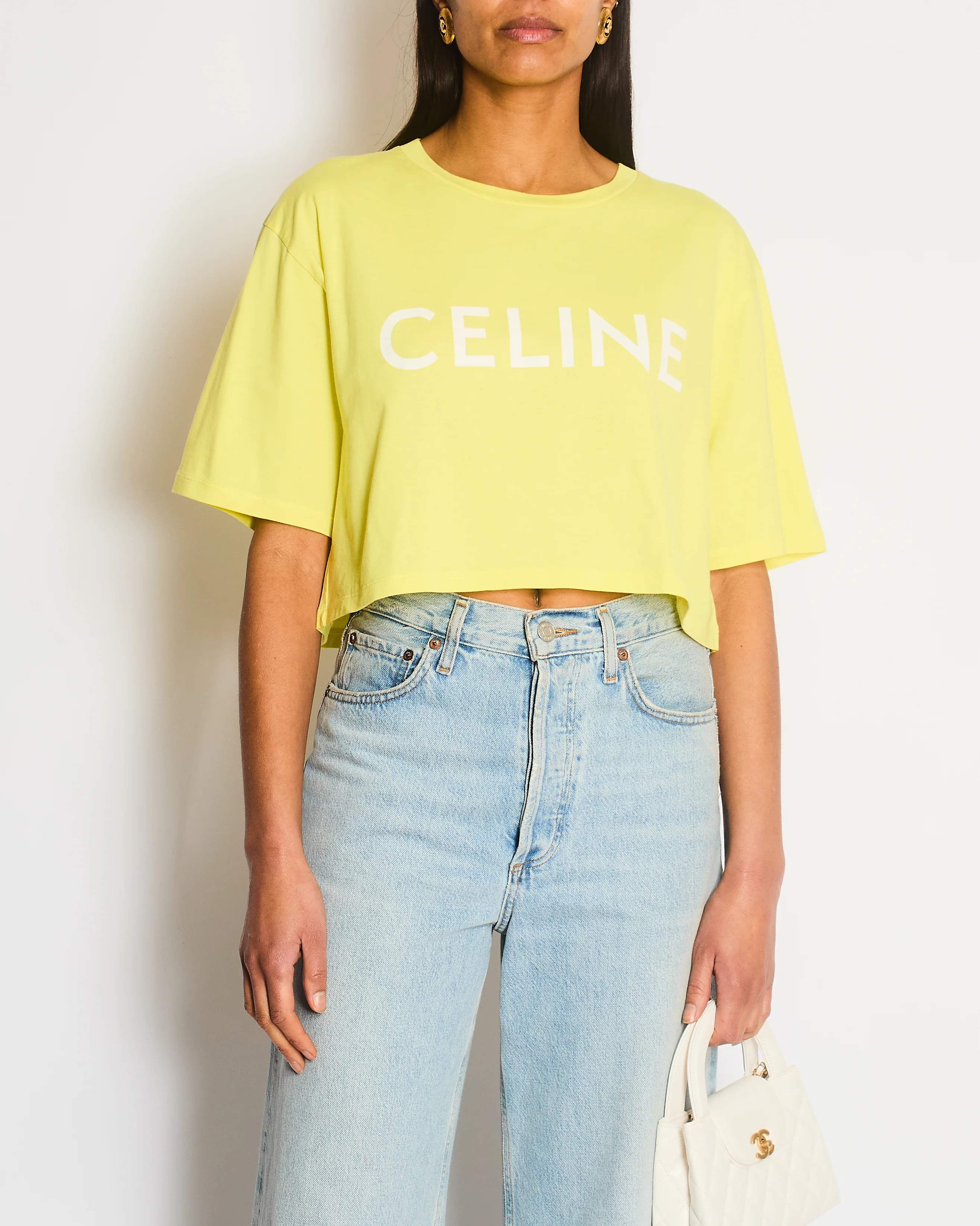 Celine Yellow Cropped Logo T-Shirt Size M (UK 8/10) - Image 2