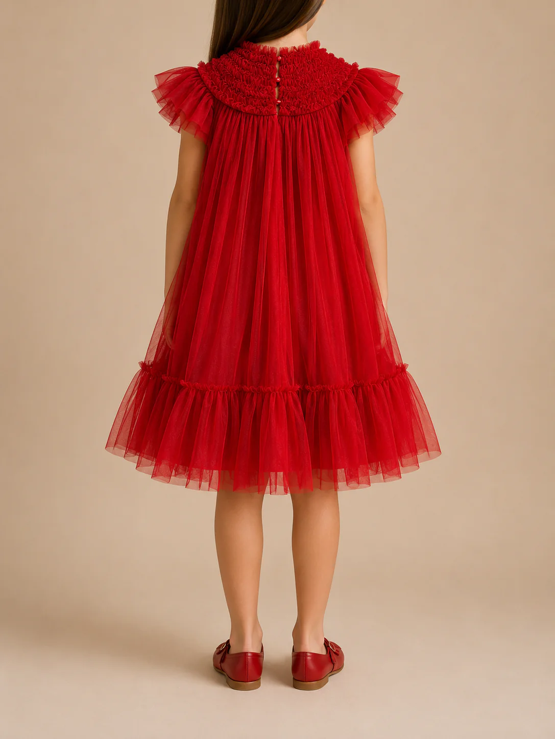 C'era Una Volta Kids Red Ruched Short Sleeve Mesh Dress Size 6 years - Image 2