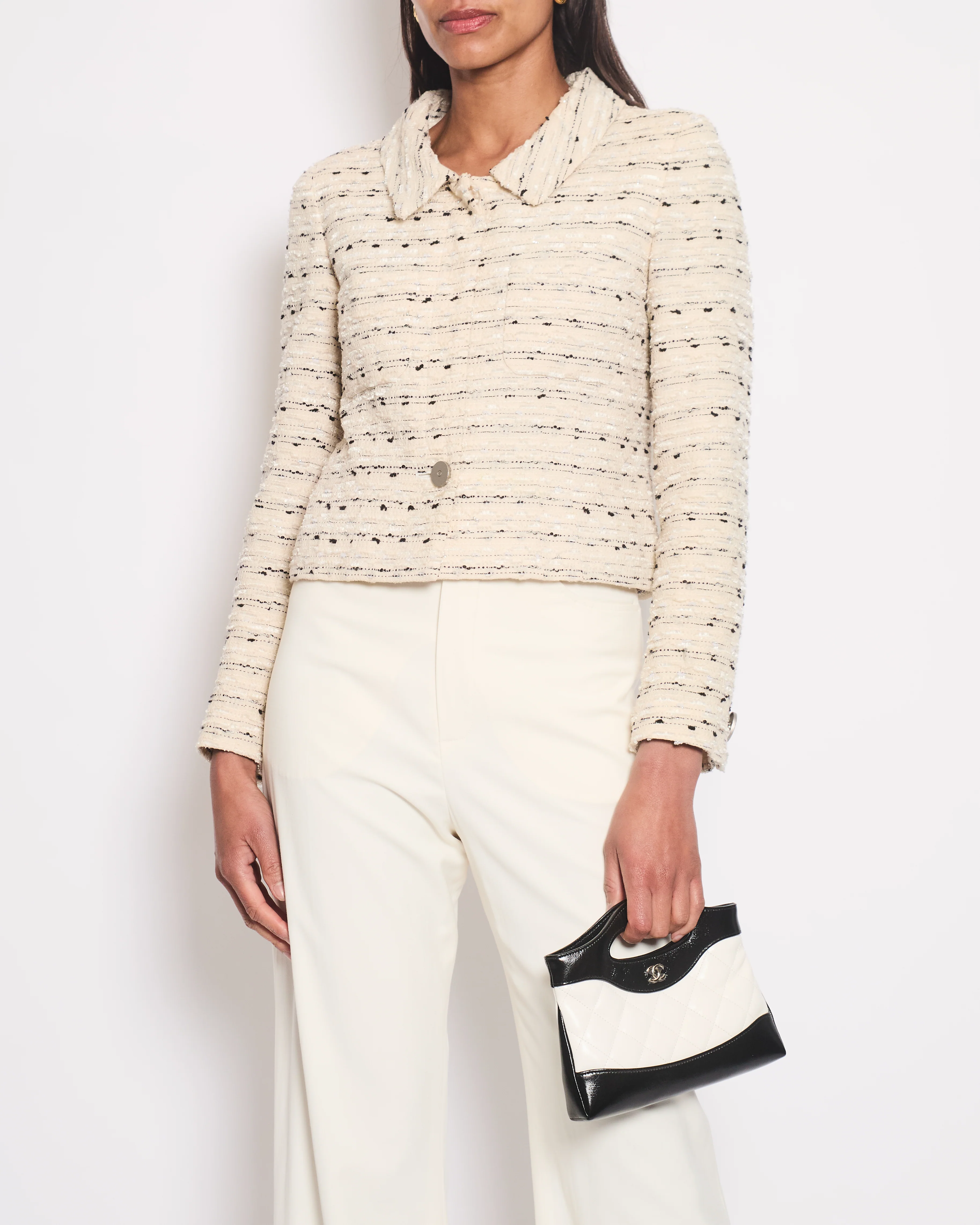 Chanel 99/C Cream, White & Black Tweed Jacket With Metallic Silver Buttons Detail Size FR 36 (UK 8)