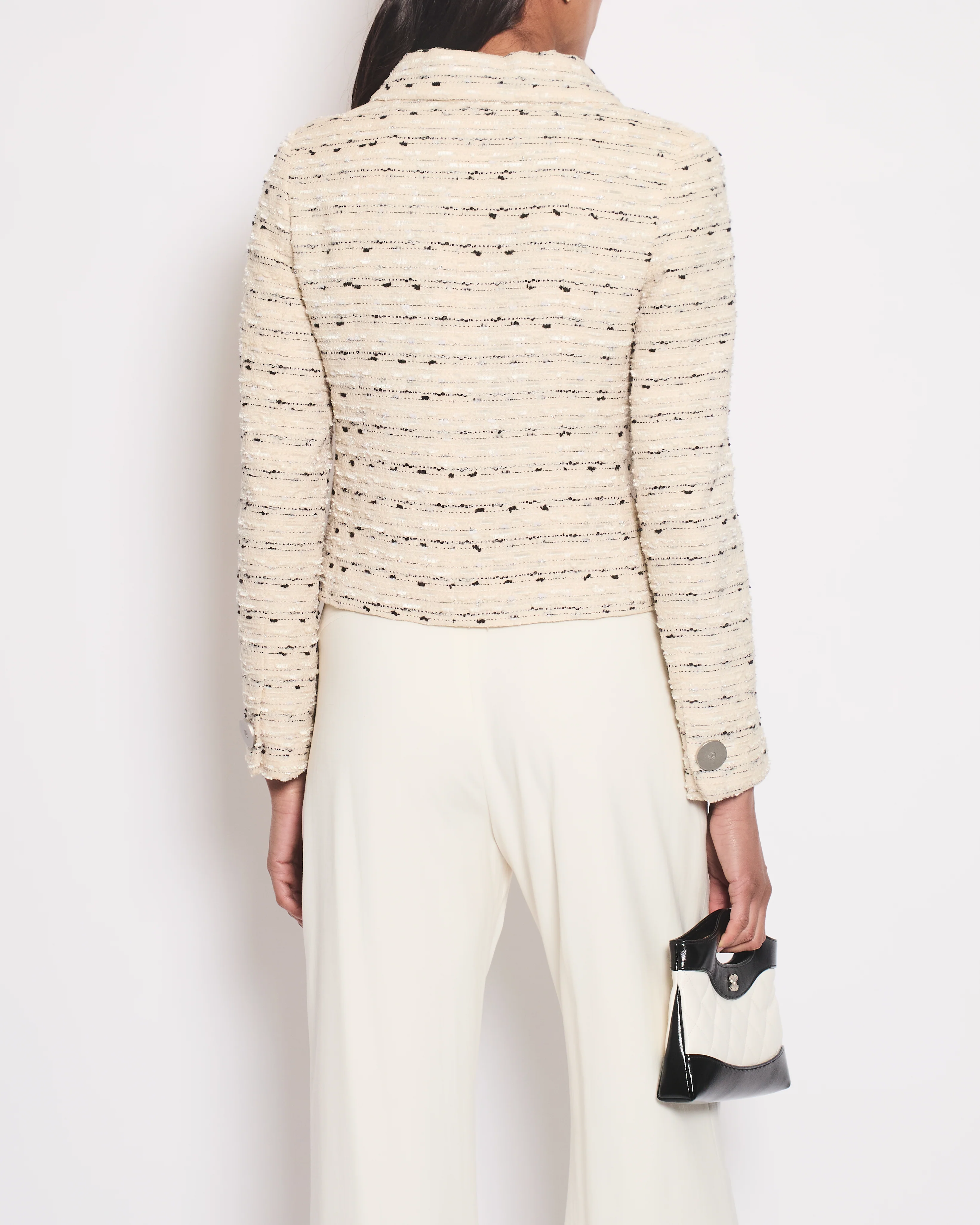 Chanel 99/C Cream, White & Black Tweed Jacket With Metallic Silver Buttons Detail Size FR 36 (UK 8) - Image 3