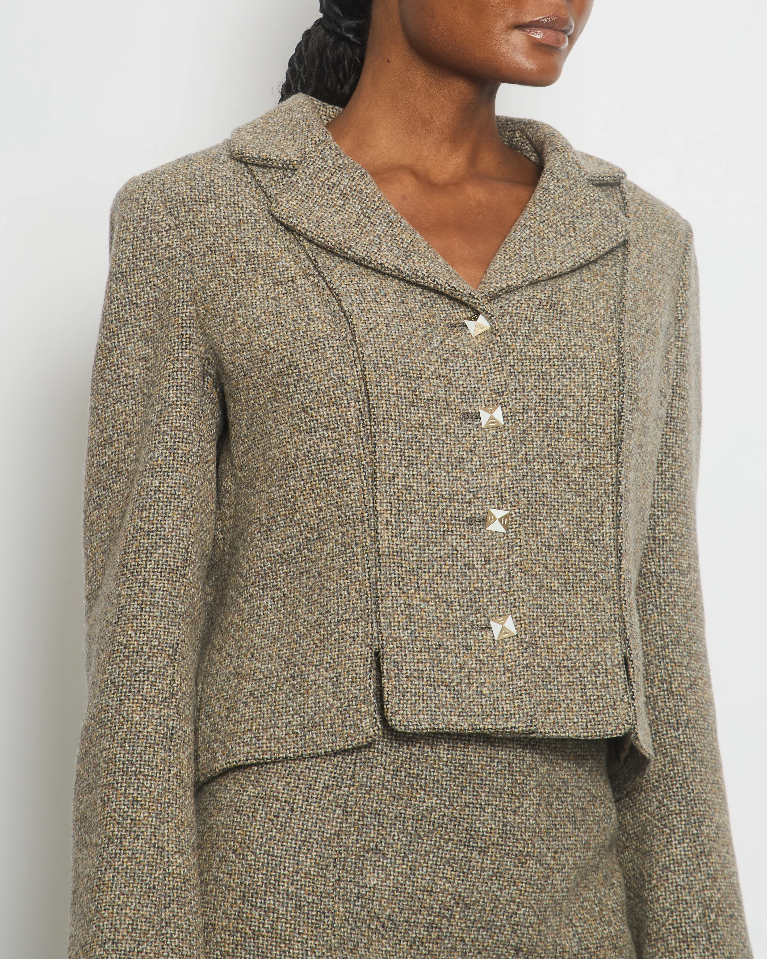 Chanel 03/A Cream, Brown Check Tweed Jacket with Matching Skirt Set Lace Trim Size FR 44 (UK 16) - Image 3