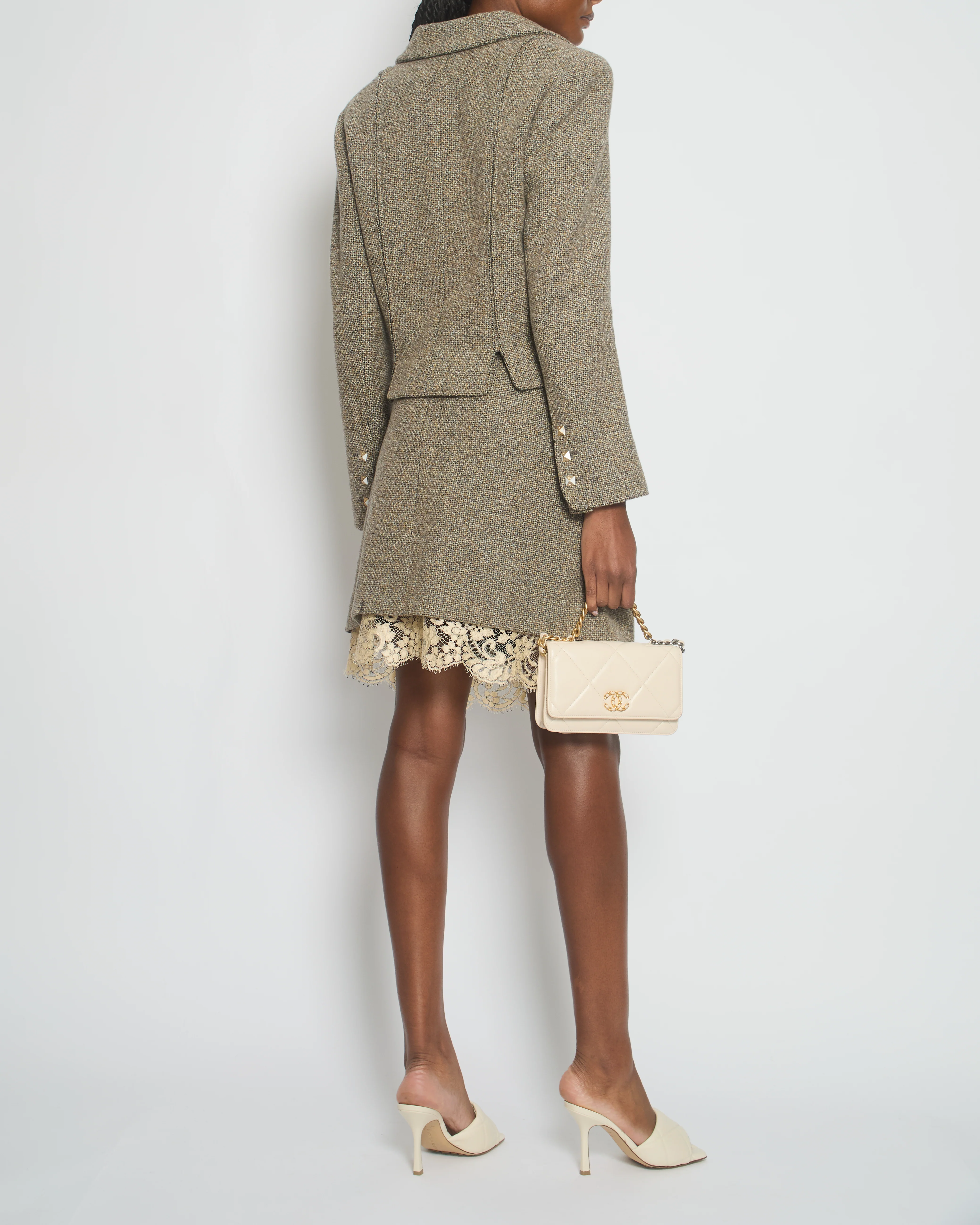Chanel 03/A Cream, Brown Check Tweed Jacket with Matching Skirt Set Lace Trim Size FR 44 (UK 16) - Image 4