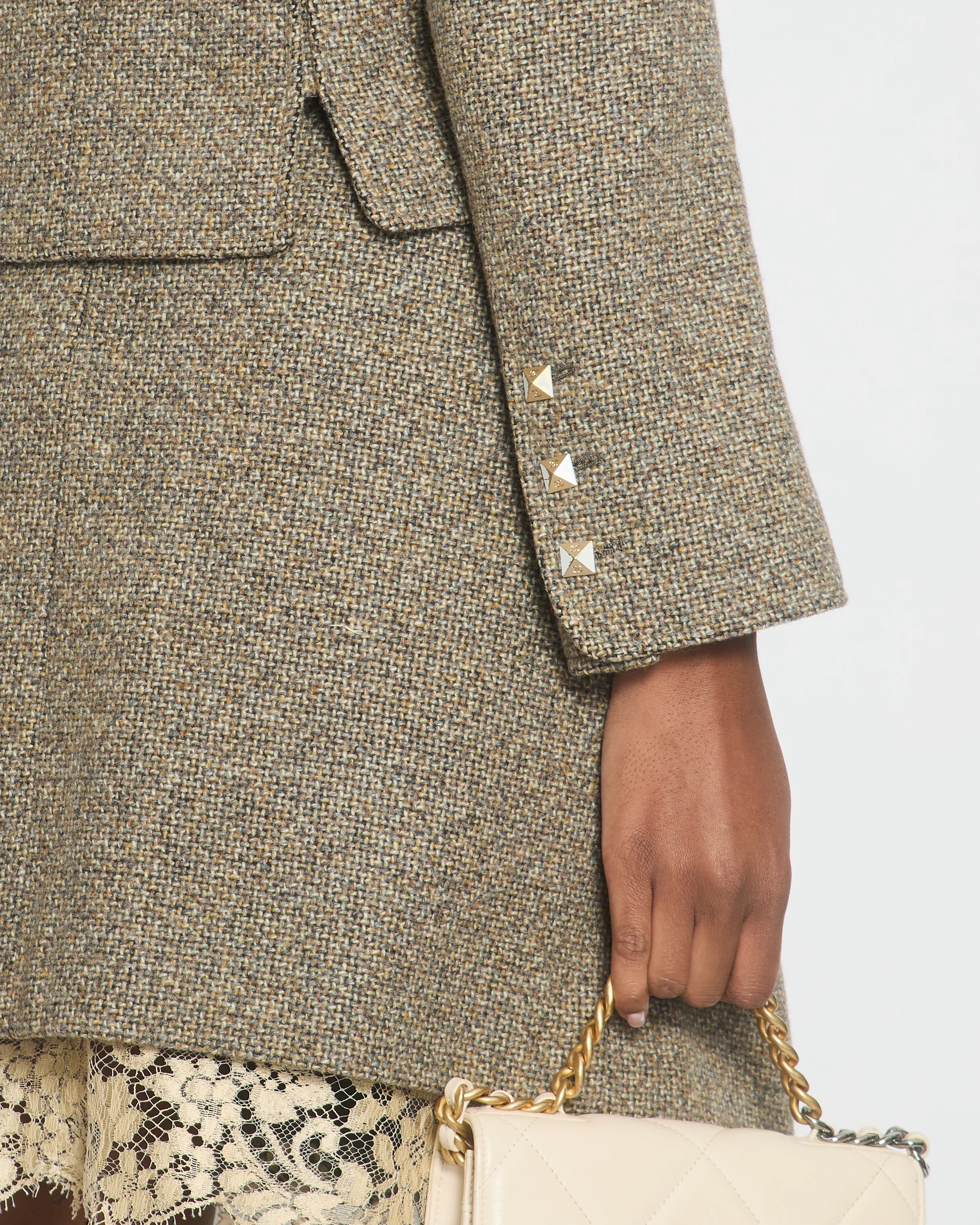 Chanel 03/A Cream, Brown Check Tweed Jacket with Matching Skirt Set Lace Trim Size FR 44 (UK 16) - Image 5