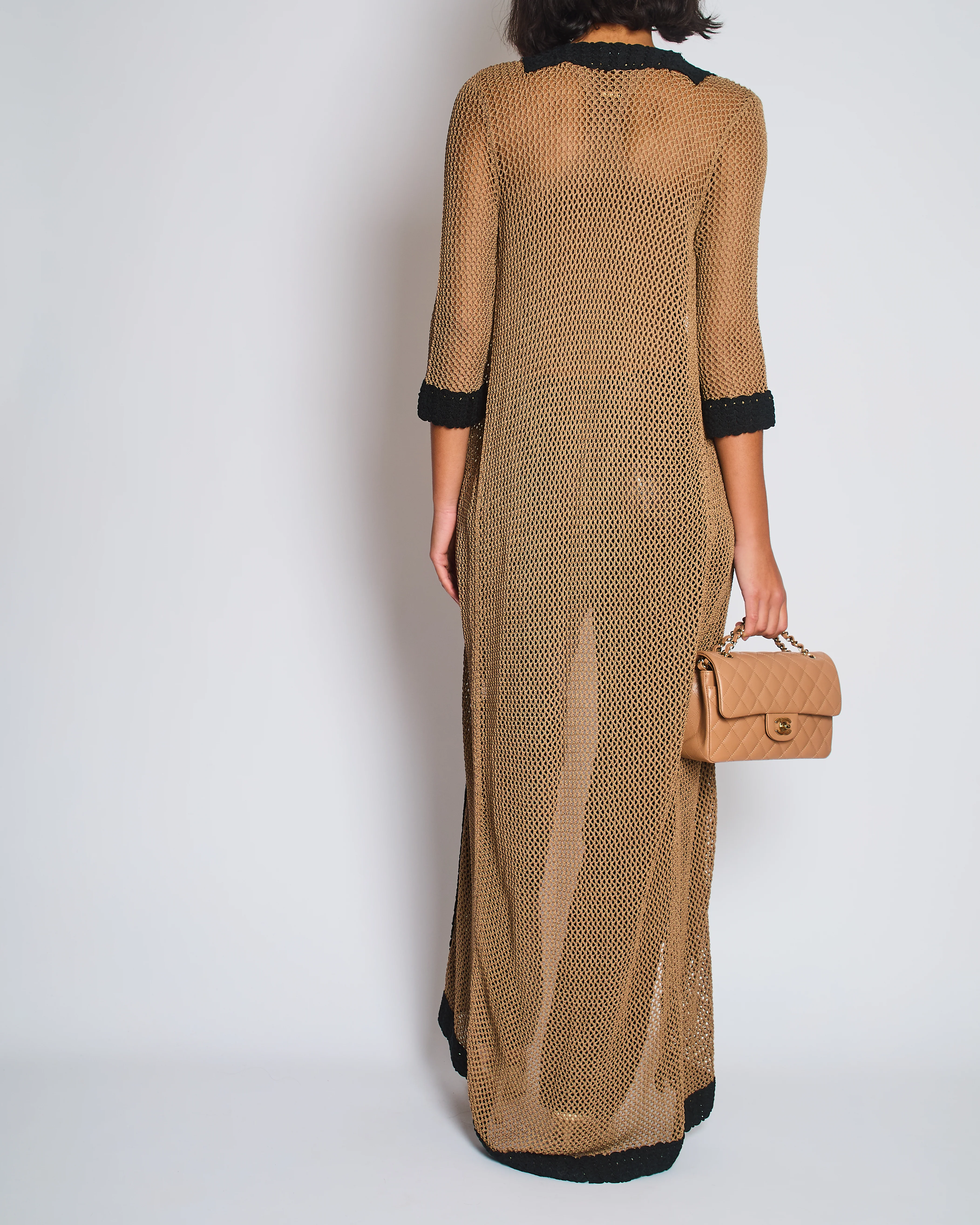Chanel 03/P Brown Crochet Knitted Long Line Cardigan with Black Trim Detail Size FR 40 (UK 12) - Image 4