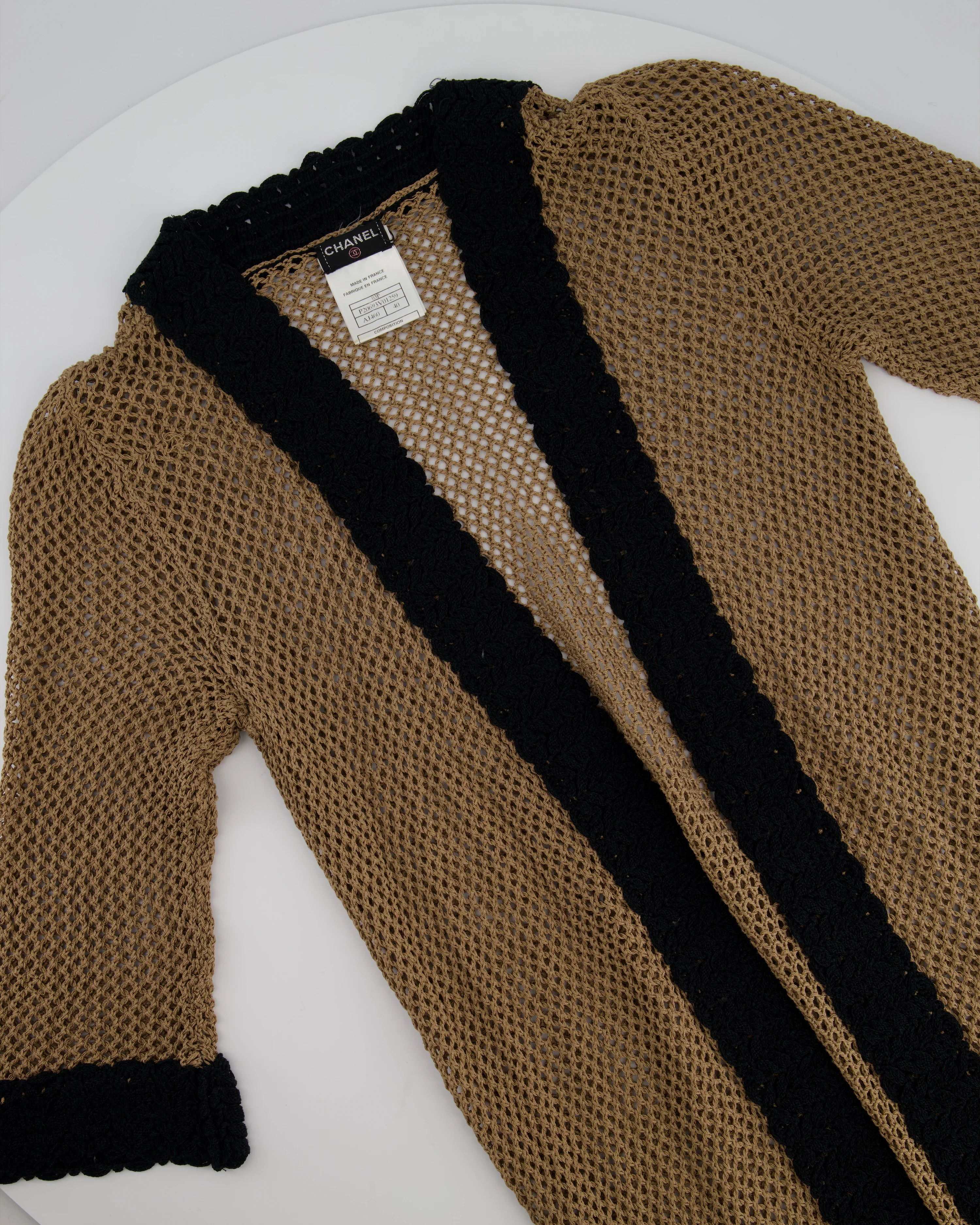 Chanel 03/P Brown Crochet Knitted Long Line Cardigan with Black Trim Detail Size FR 40 (UK 12) - Image 5