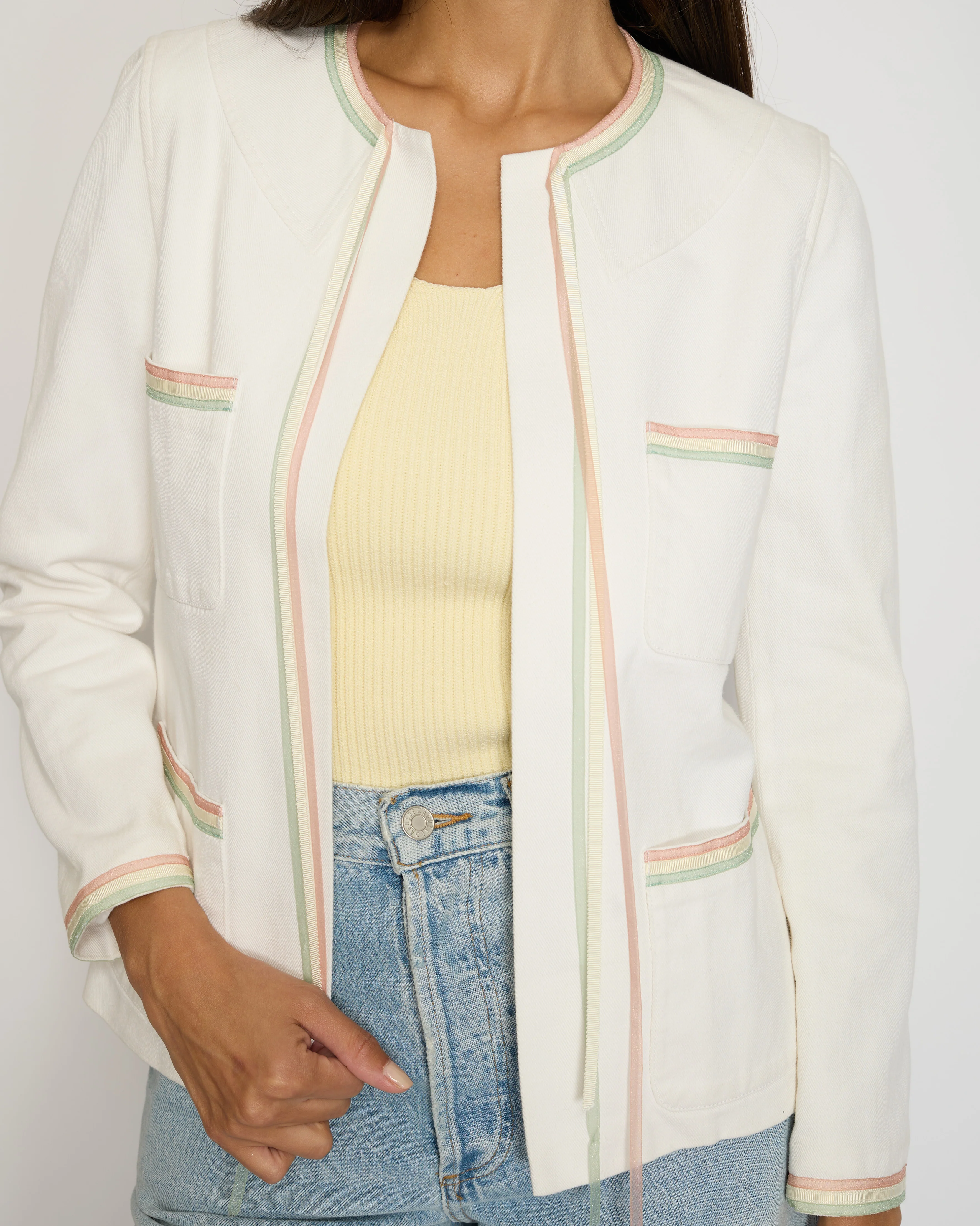 Chanel 04/C White Round Neck Jacket with Pastel Trim Detail FR 36 (UK 8) - Image 4
