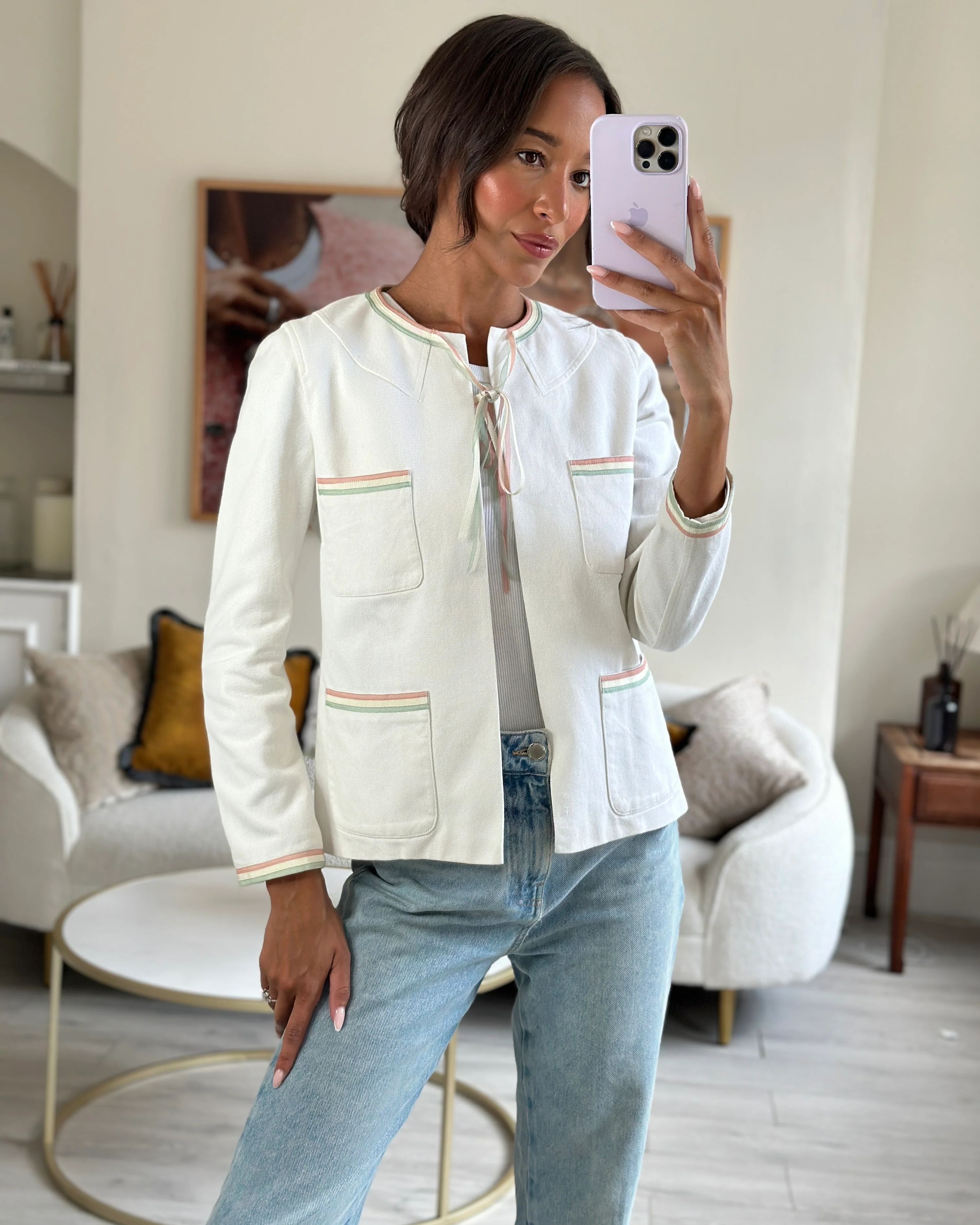 Chanel 04/C White Round Neck Jacket with Pastel Trim Detail FR 36 (UK 8) - Image 5