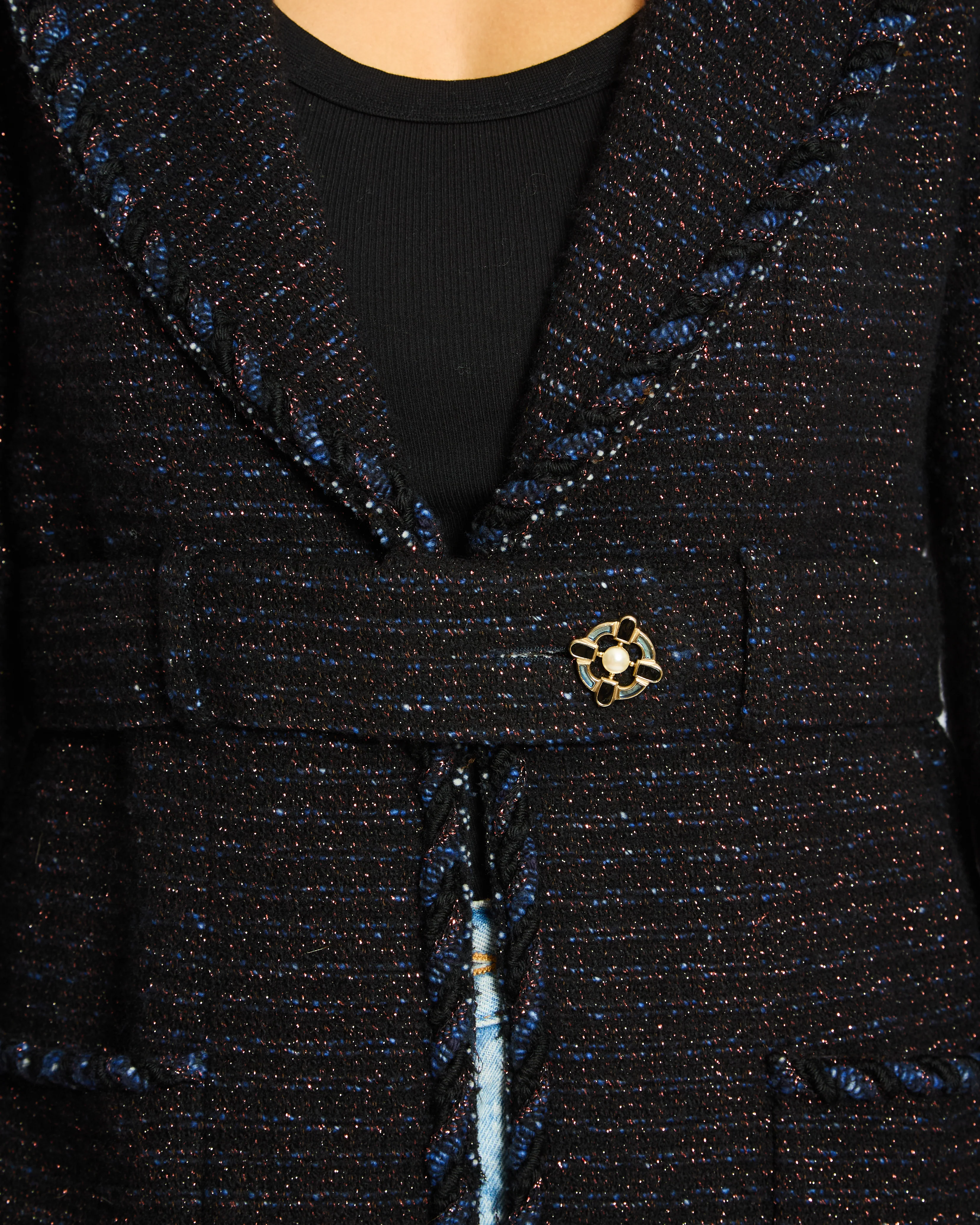 Chanel 07/A Navy Tweed Belted Jacket with Pocket Detail Size FR 38 (UK 10) - Image 3