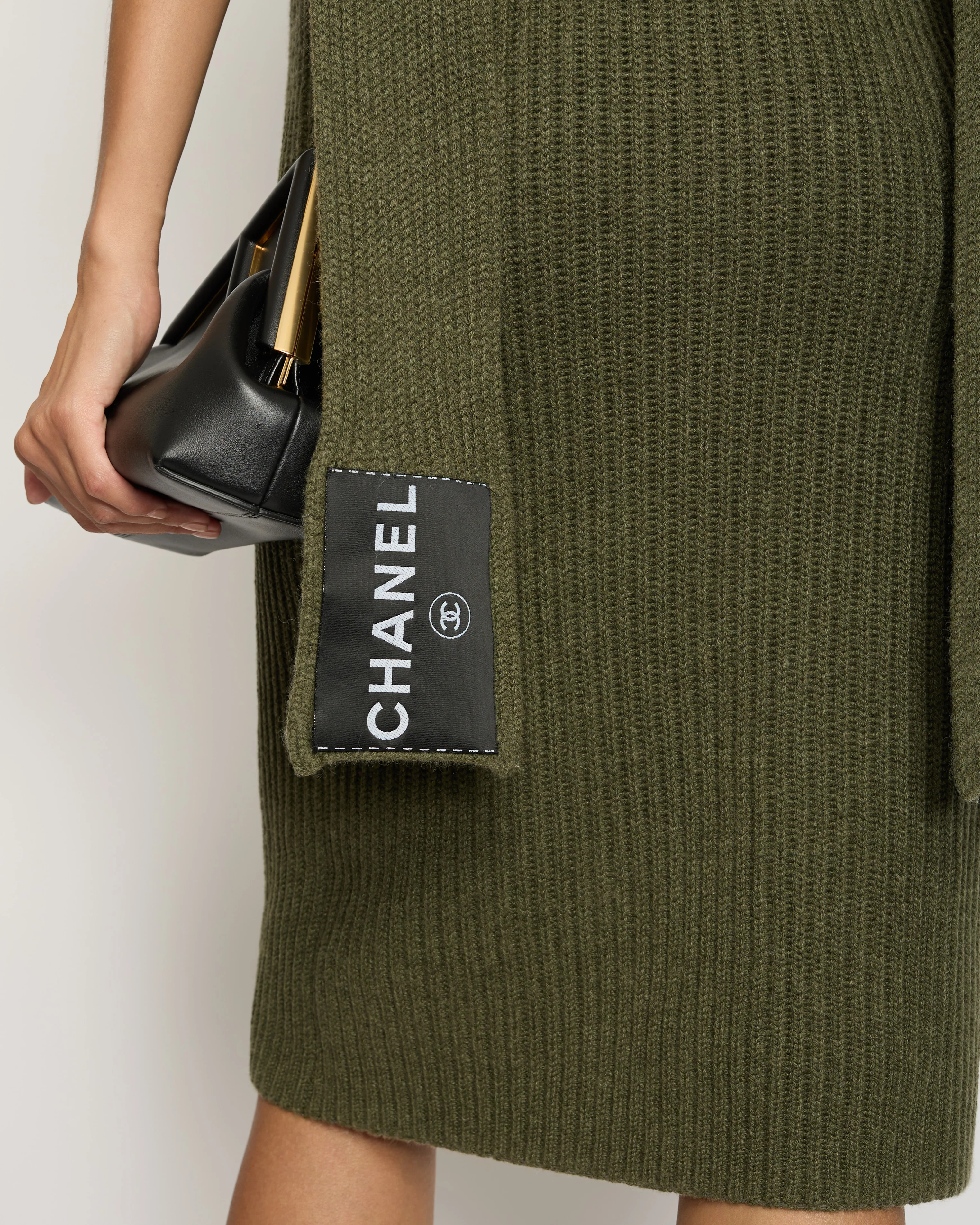Chanel 08/C Khaki Knitted Maxi Dress with Logo Neck Tie Detail FR 38 (UK 10) - Image 4