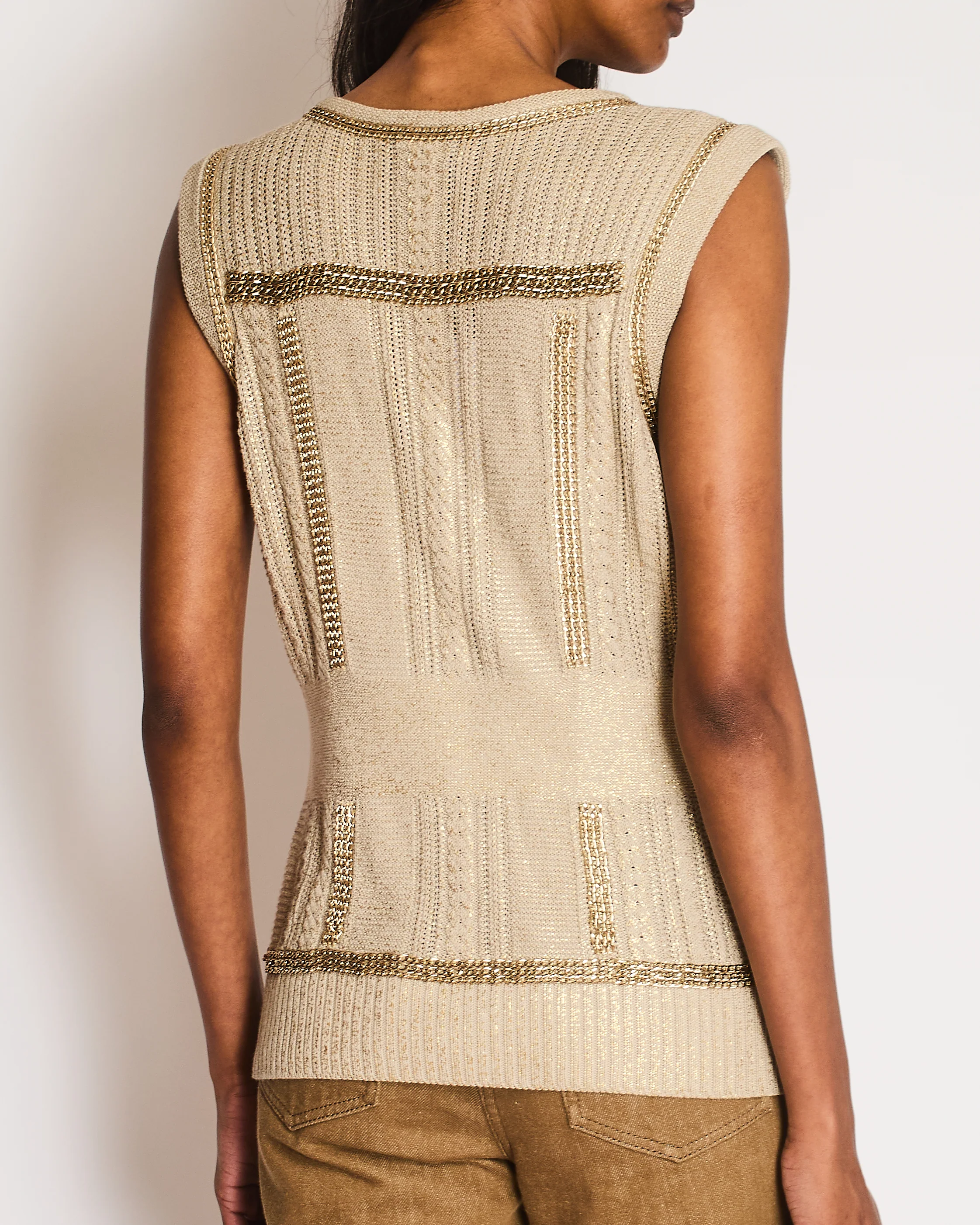 Chanel 08/P Beige Metallic Vest with Chain Trim Detail Size FR 42 (UK 14) - Image 2