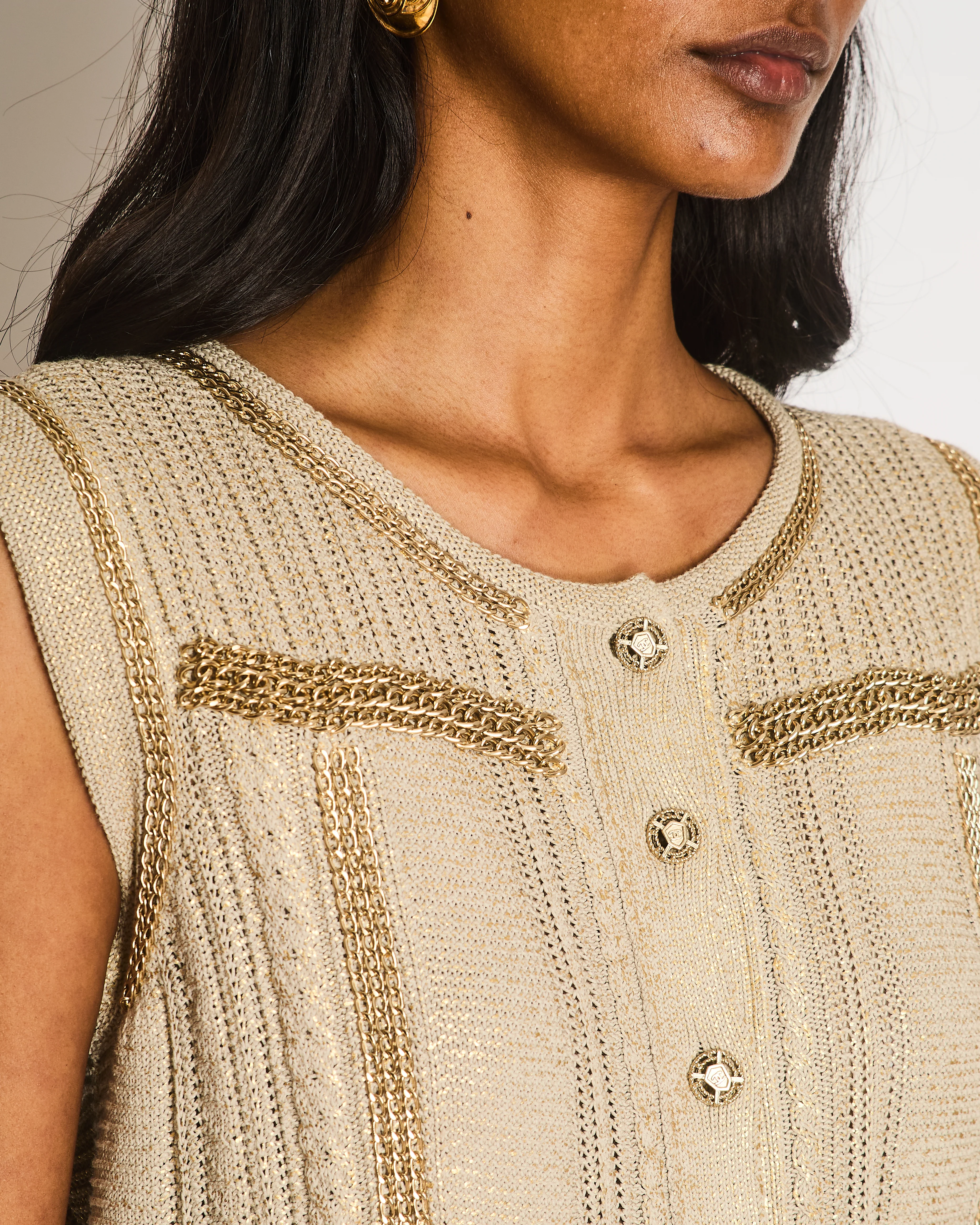 Chanel 08/P Beige Metallic Vest with Chain Trim Detail Size FR 42 (UK 14) - Image 3
