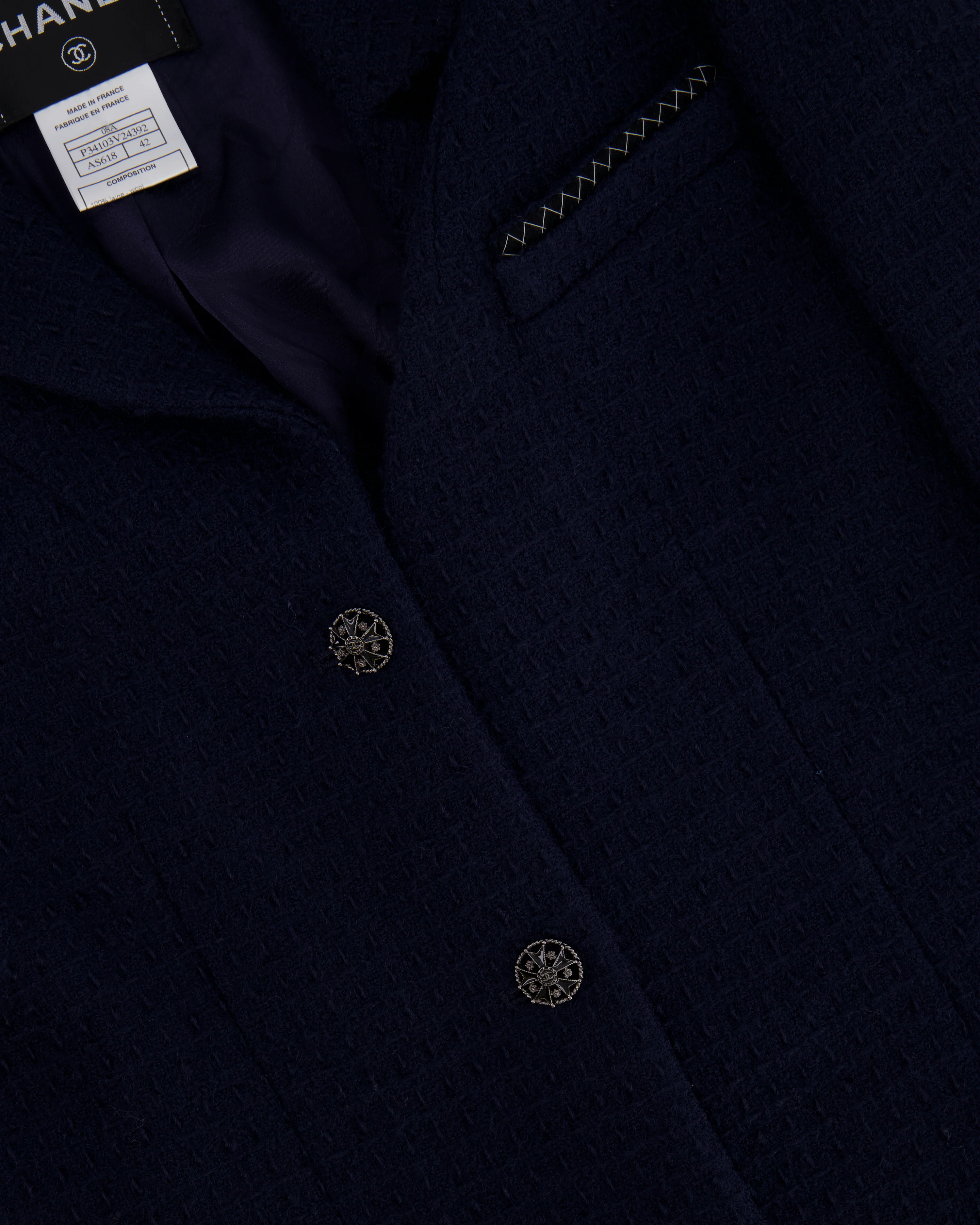 Chanel 08A Navy Tweed Jacket and Midi Skirt Set with Silver CC Logo Details Size FR 42 (UK 14) - Image 3