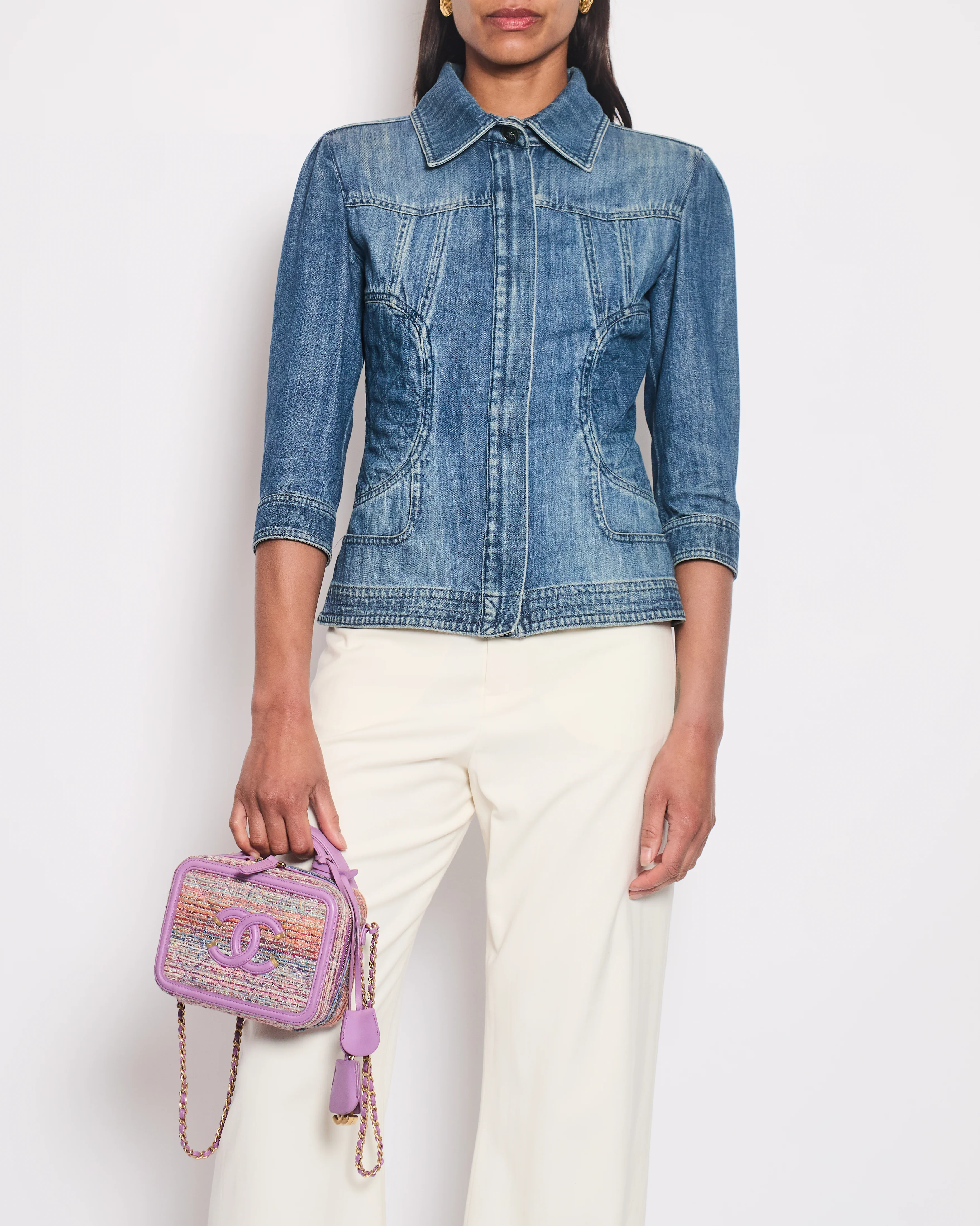 Chanel 08/P Blue Denim Long Sleeve Jacket with Quilted Pocket Detail Size FR 36 (UK 8)