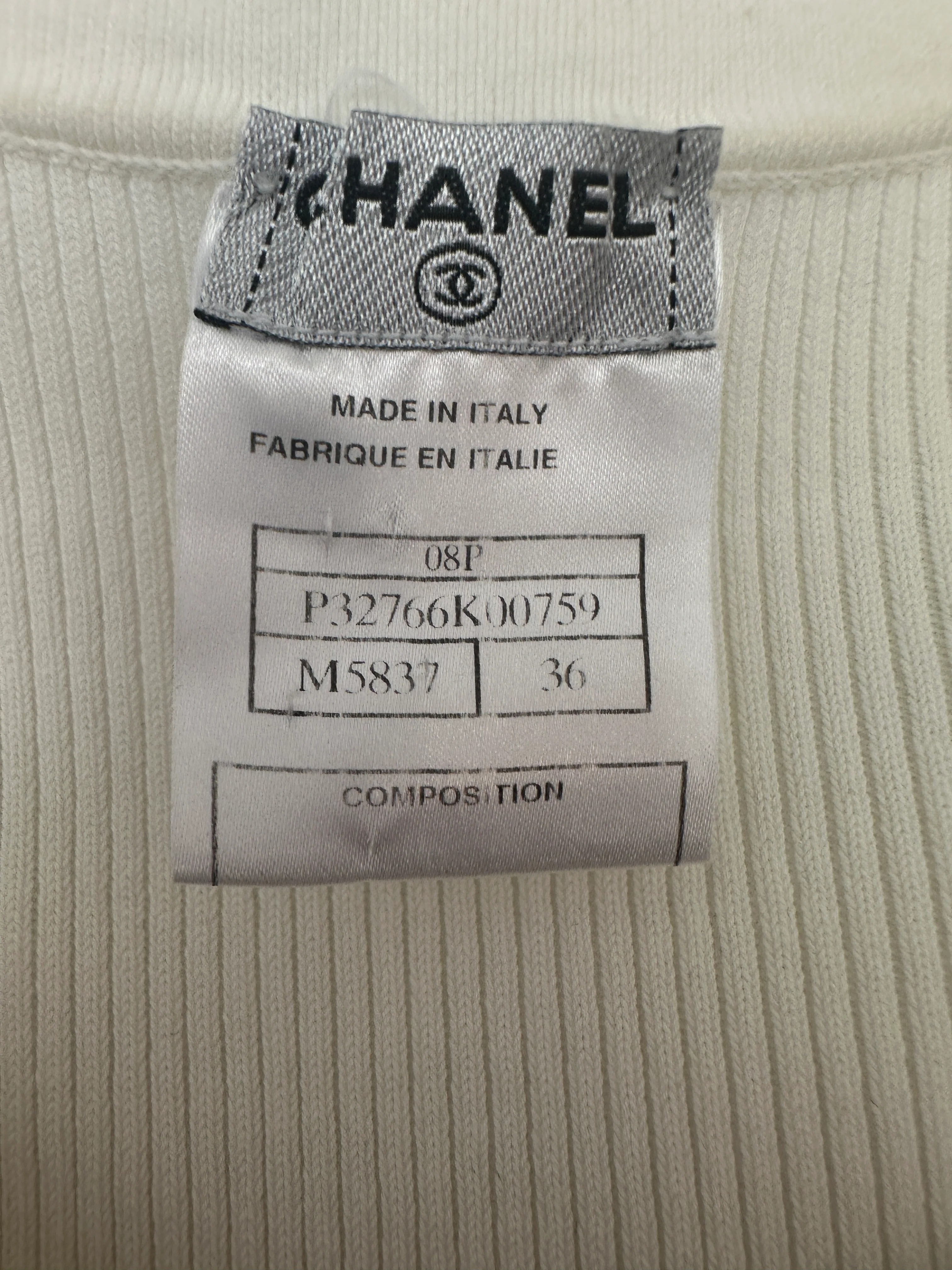Chanel 08P Cream Sleeveless Knitted Short Dress with Silver CC Logo Button and Navy Hem Details Size FR 36 (UK 8) - Image 14