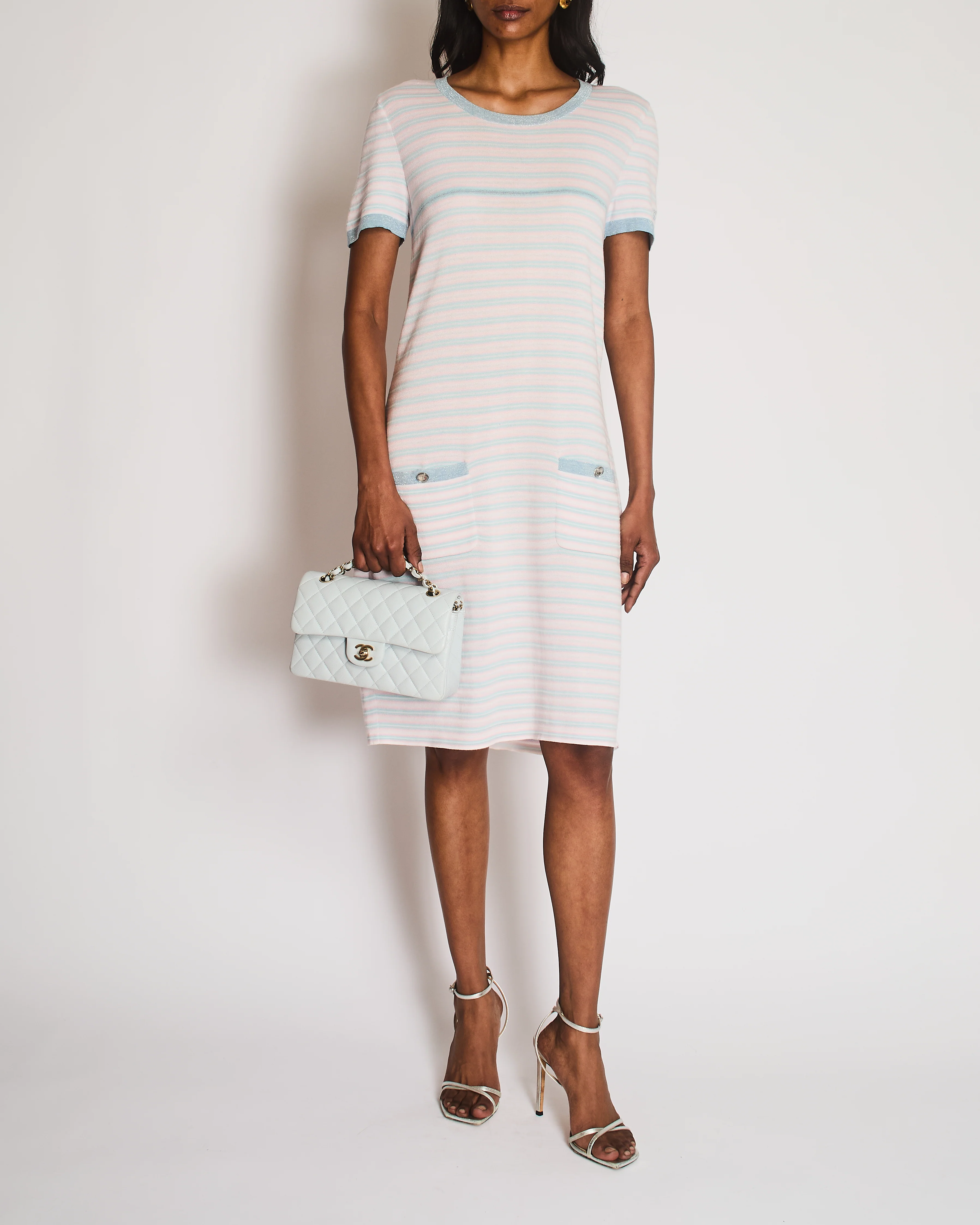 Chanel 09/C Pink Striped Round Neck Midi Dress with Pocket and CC Detail Size FR 42 (UK 14)