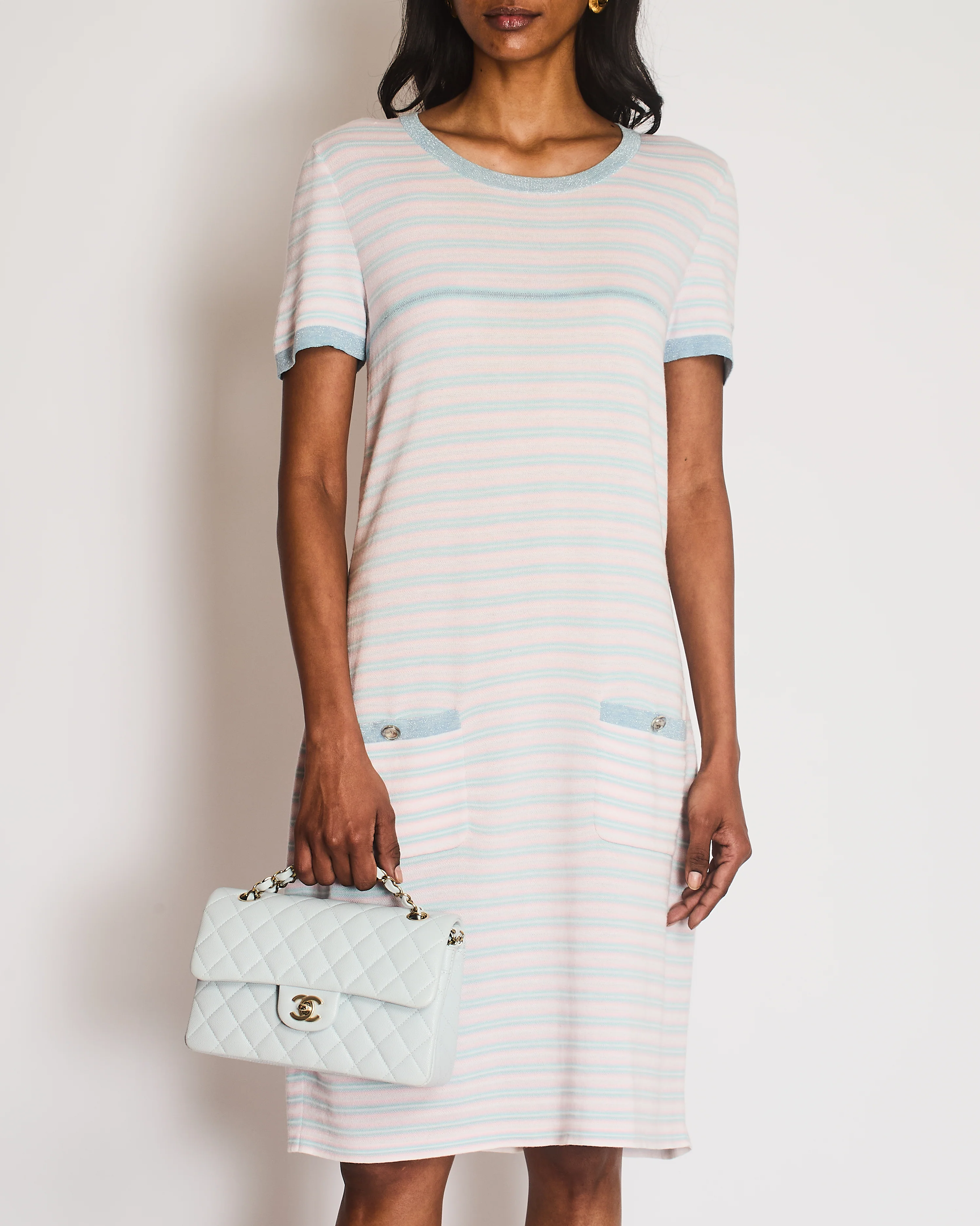 Chanel 09/C Pink Striped Round Neck Midi Dress with Pocket and CC Detail Size FR 42 (UK 14) - Image 2