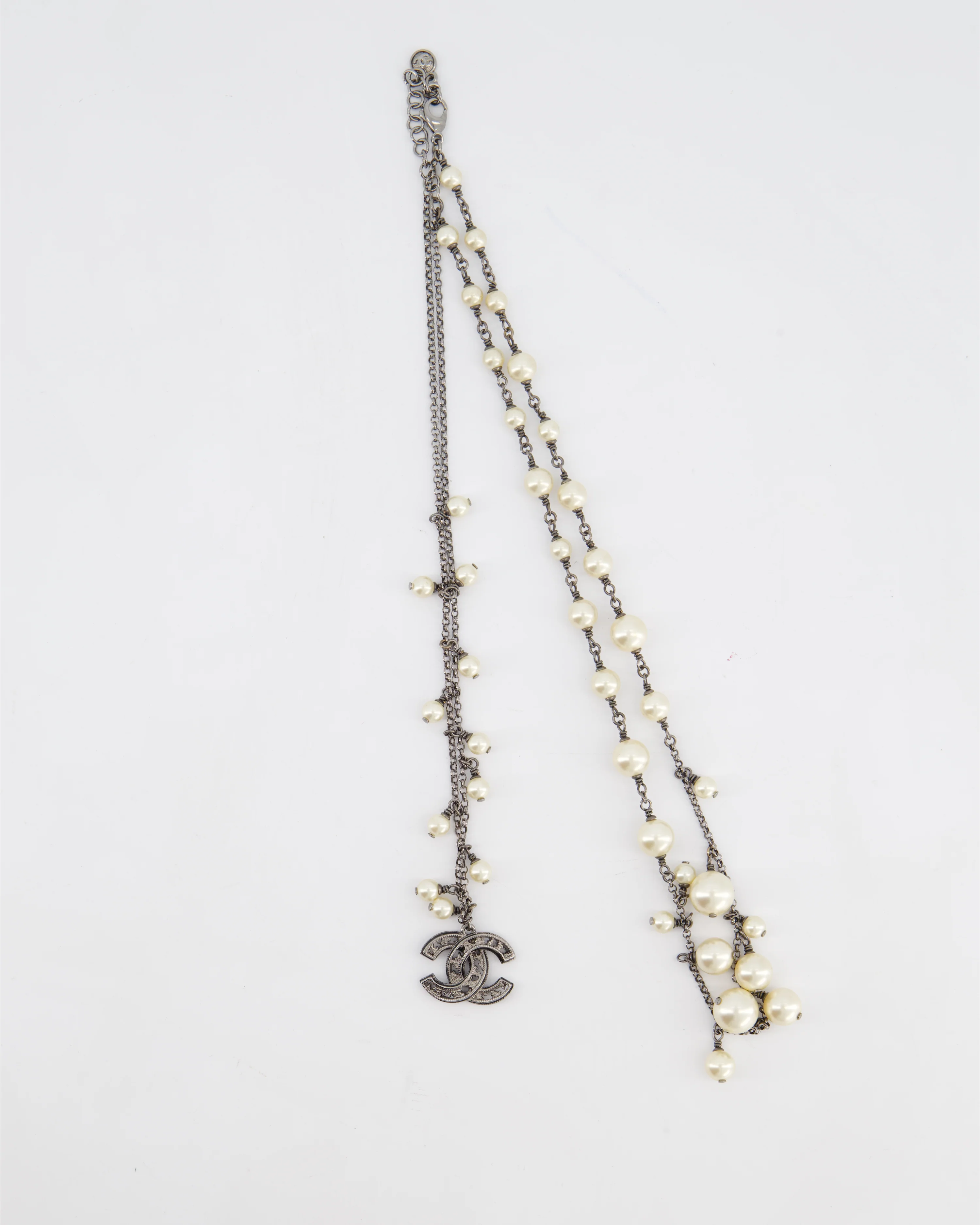 Chanel 10/A Grey Ruthenium Pearl CC Double Chain Necklace - Image 2