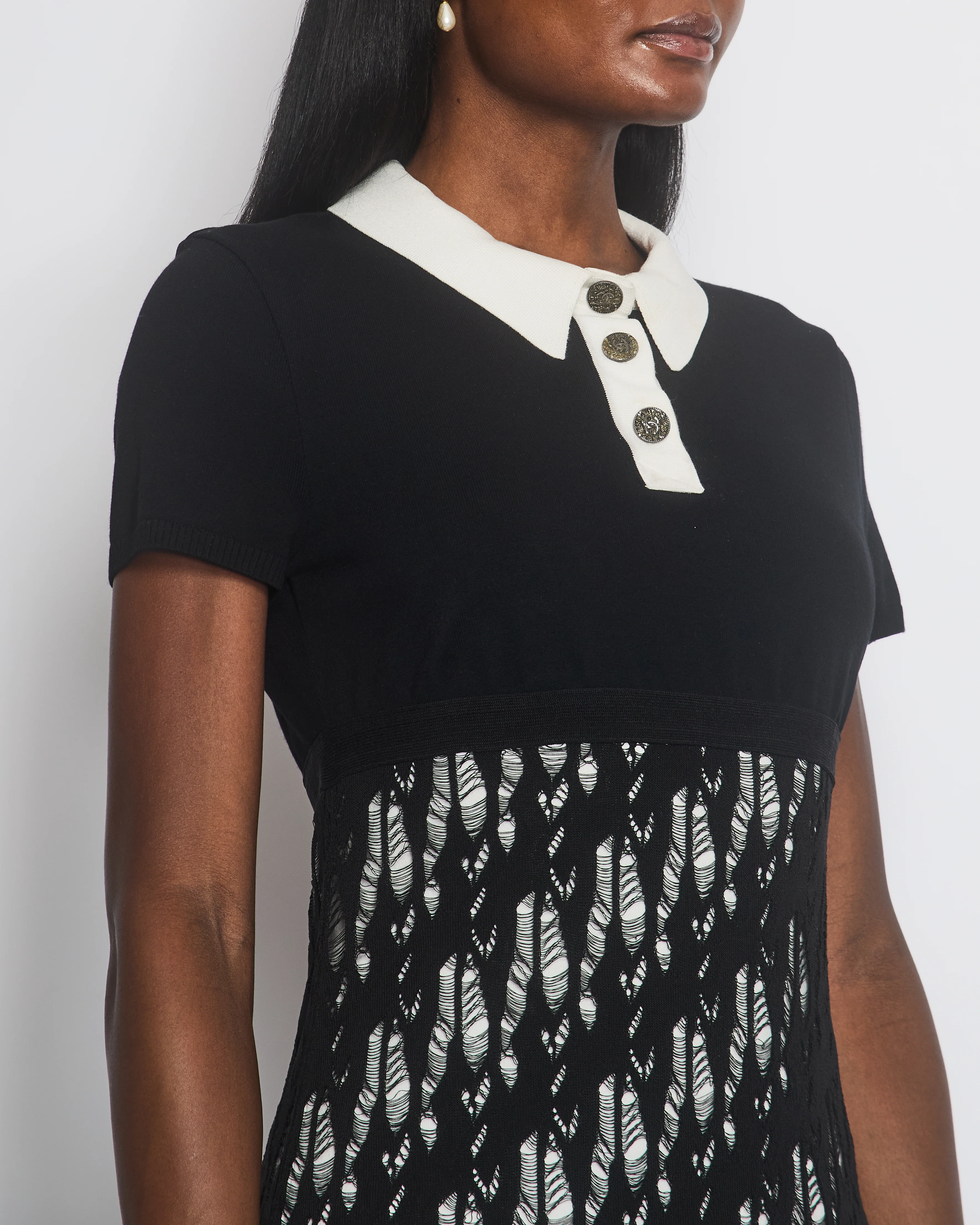 Chanel 12/S Black Cotton Distressed Short Sleeve Midi Dress Size FR 38 (UK 10) - Image 4