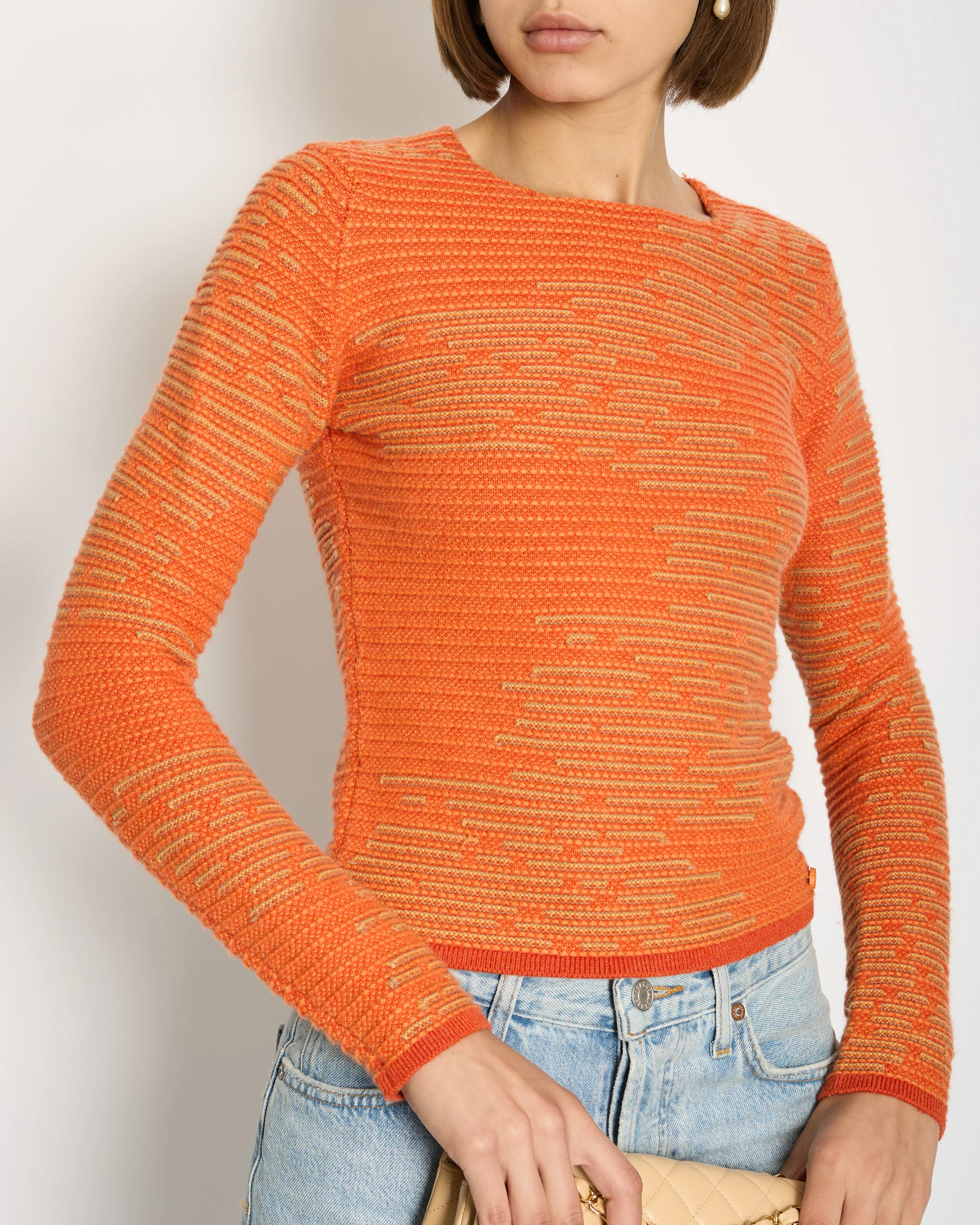 Chanel 14K Carrot Orange Cashmere Jacquard Jumper with CC Detail Size FR 34 (UK 6) RRP £1960 - Image 2